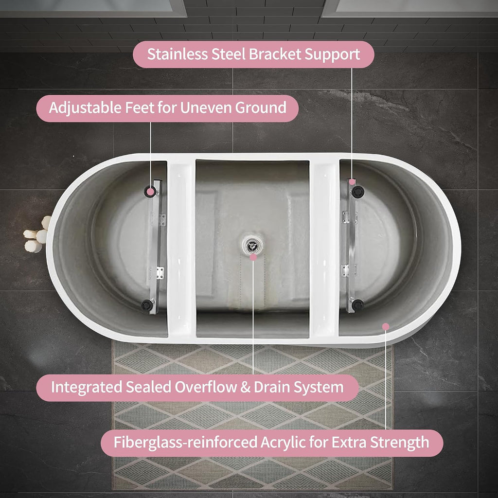 60' Acrylic Freestanding Bathtub, Deep Soaking Bathtub with Pop up Drain Integrated Overflow, Stand Alone Bath Tub for Bathroom Spa or Home Upgrade, Glossy White GF 26A04 60