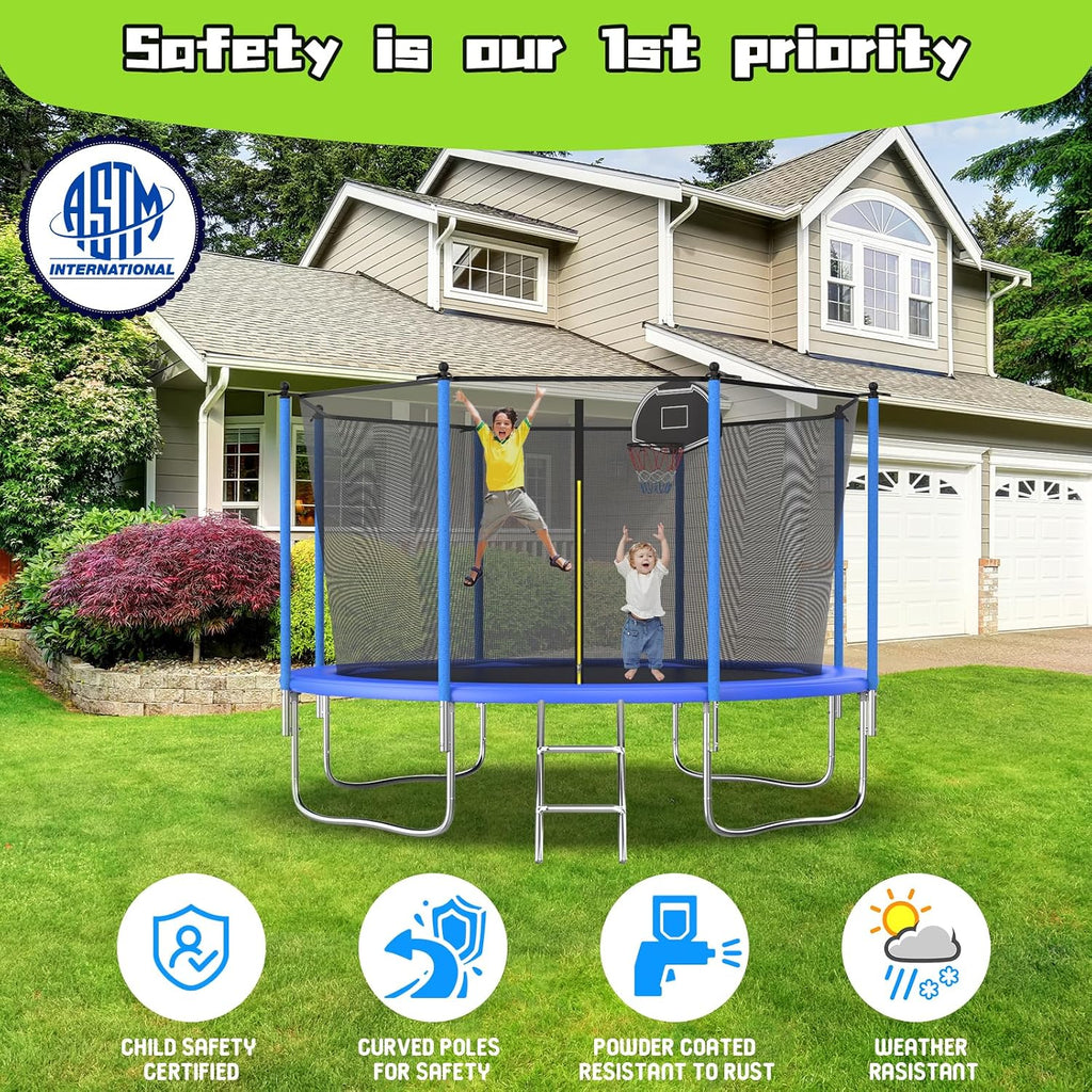 Tranpoline 10FT 12FT 14FT 16FT Tranpoline for Kids with Safety Enclosure Net Recreational Tranpoline for Adults ASTM Approval Backyard Outdoor Tranpoline with Basketball Hoop