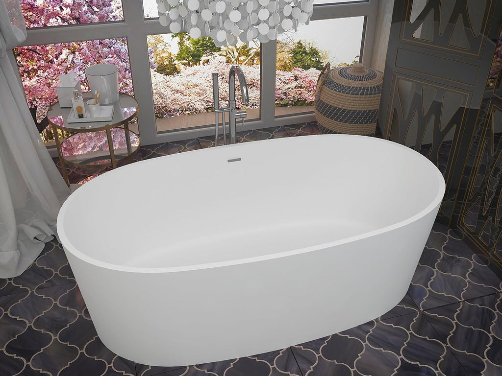 ANZZI Freestanding Bathtub 61 In Solid Surface Stone Resin Flat Bottom Soaking Tub Matte White Roccia Series One Piece Oval Design Deep Basin Center Drain Floor Mount Fixture | FT-AZ505