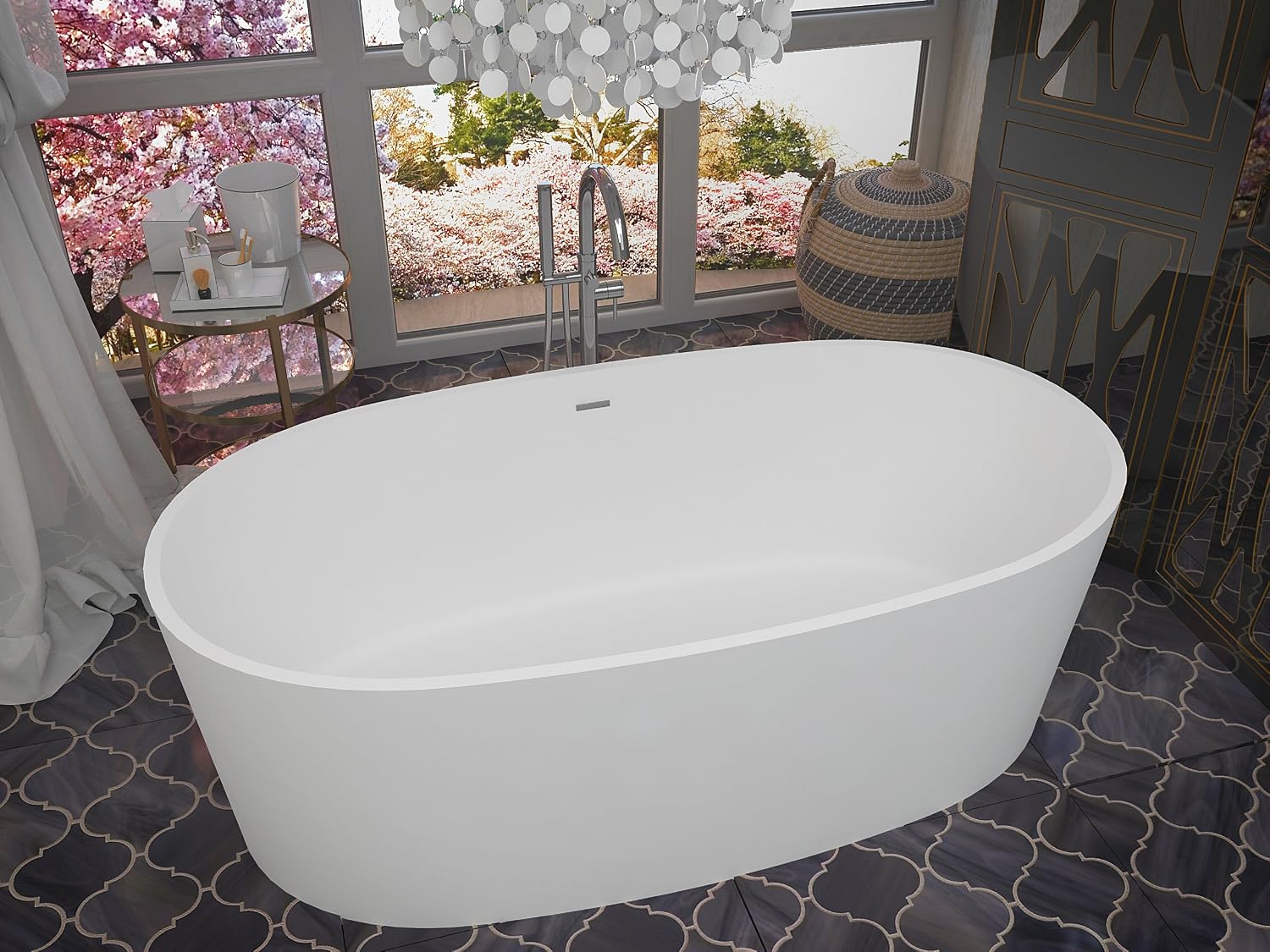 ANZZI Freestanding Bathtub 61 In Solid Surface Stone Resin Flat Bottom Soaking Tub Matte White Roccia Series One Piece Oval Design Deep Basin Center Drain Floor Mount Fixture | FT-AZ505