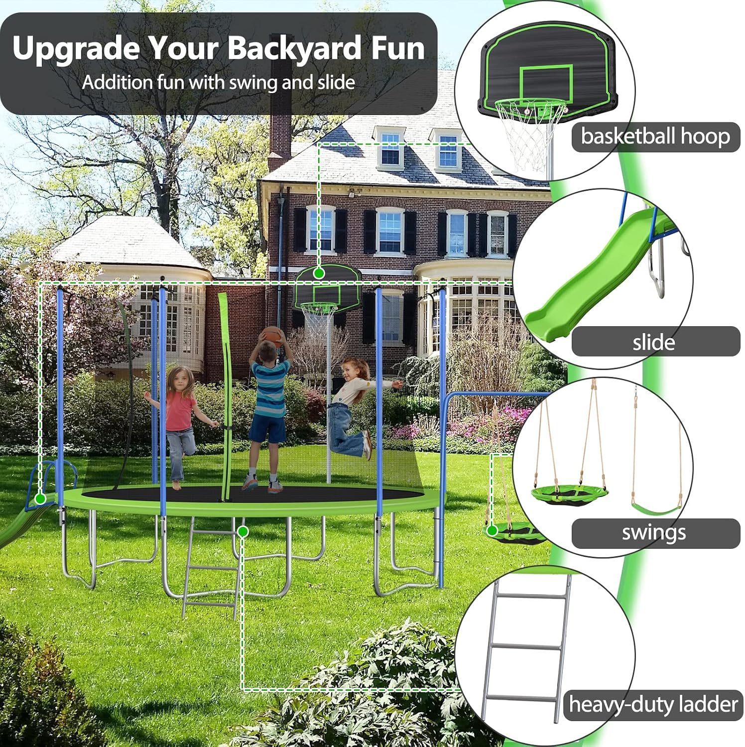 Lyromix 12FT Trampoline with Slide and Swings, ASTM Approved Large Recreational Tranpoline with Sprinkler, Basketball Hoop and Net, Capacity for 5-7 Kids Adults, Green