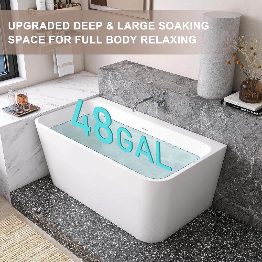 55' Acrylic Back-to-Wall Bathtub,Freestanding Bathtubs, Stand Alone Tub, Soaking Tubs for Bathroom, Integrated Overflow and Drain, cUPC Certified, Gloss White