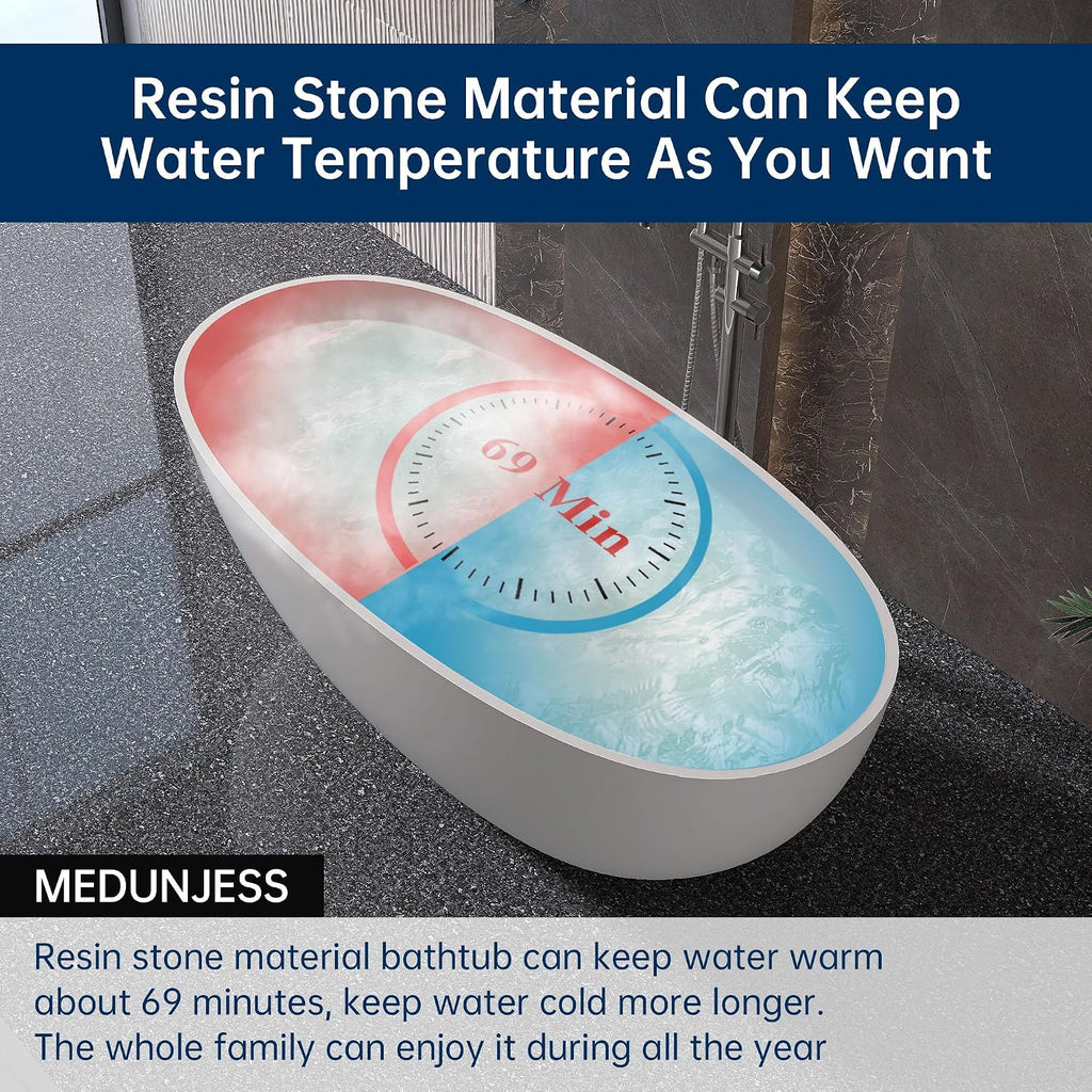 61'' Resin Stone Freestanding Bathtub, Oval Soaking Freestanding Bathtubs with Solid Surface, Soaking Tub with Overflow and Pop up Drain - Light Grey