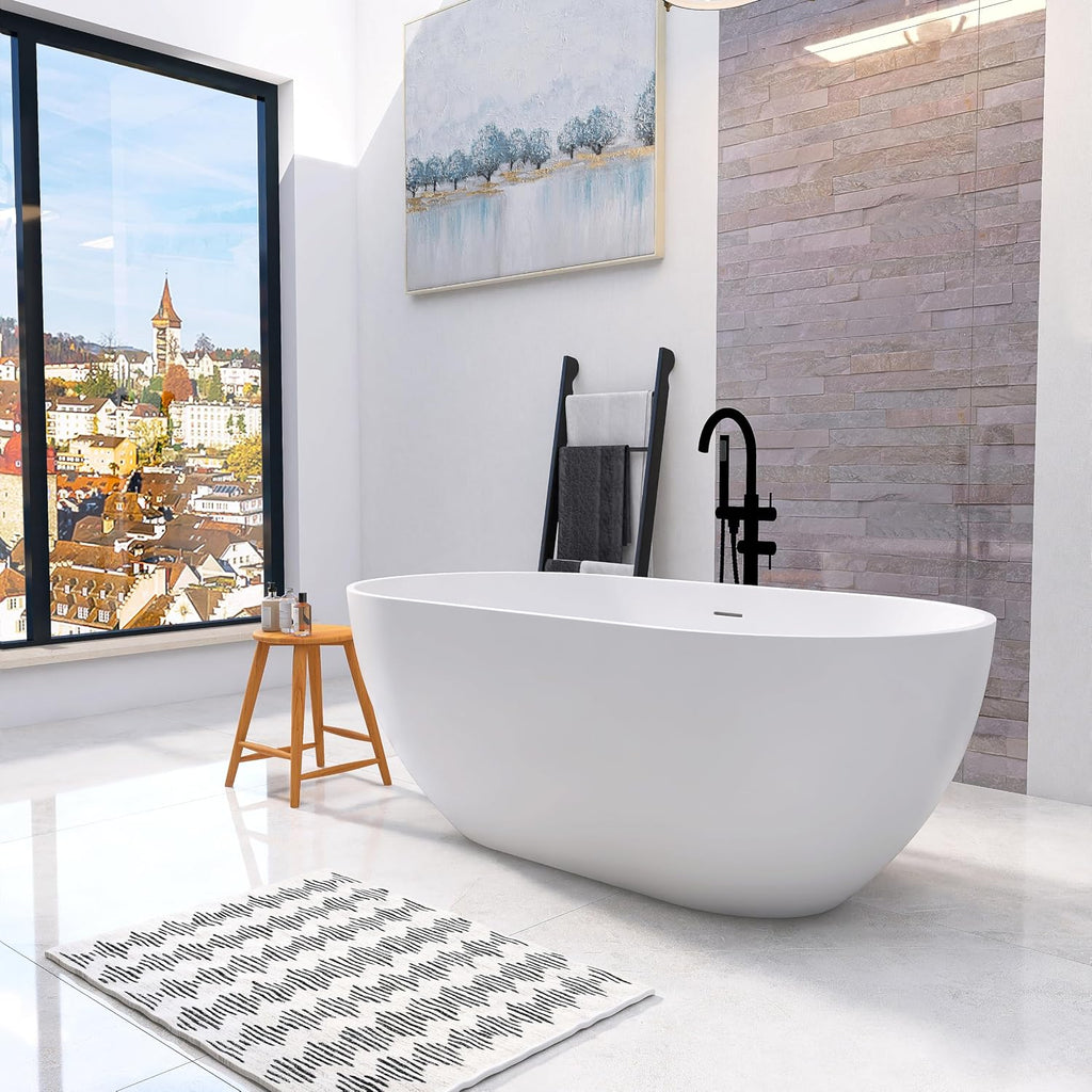 59 Inch Freestanding Bathtub Oval Shaped Solid Surface Resin Stone soaker Freestanding Tubs Matte White Soaking Tub with Overflow and Pop-up Drain (white)307-1500
