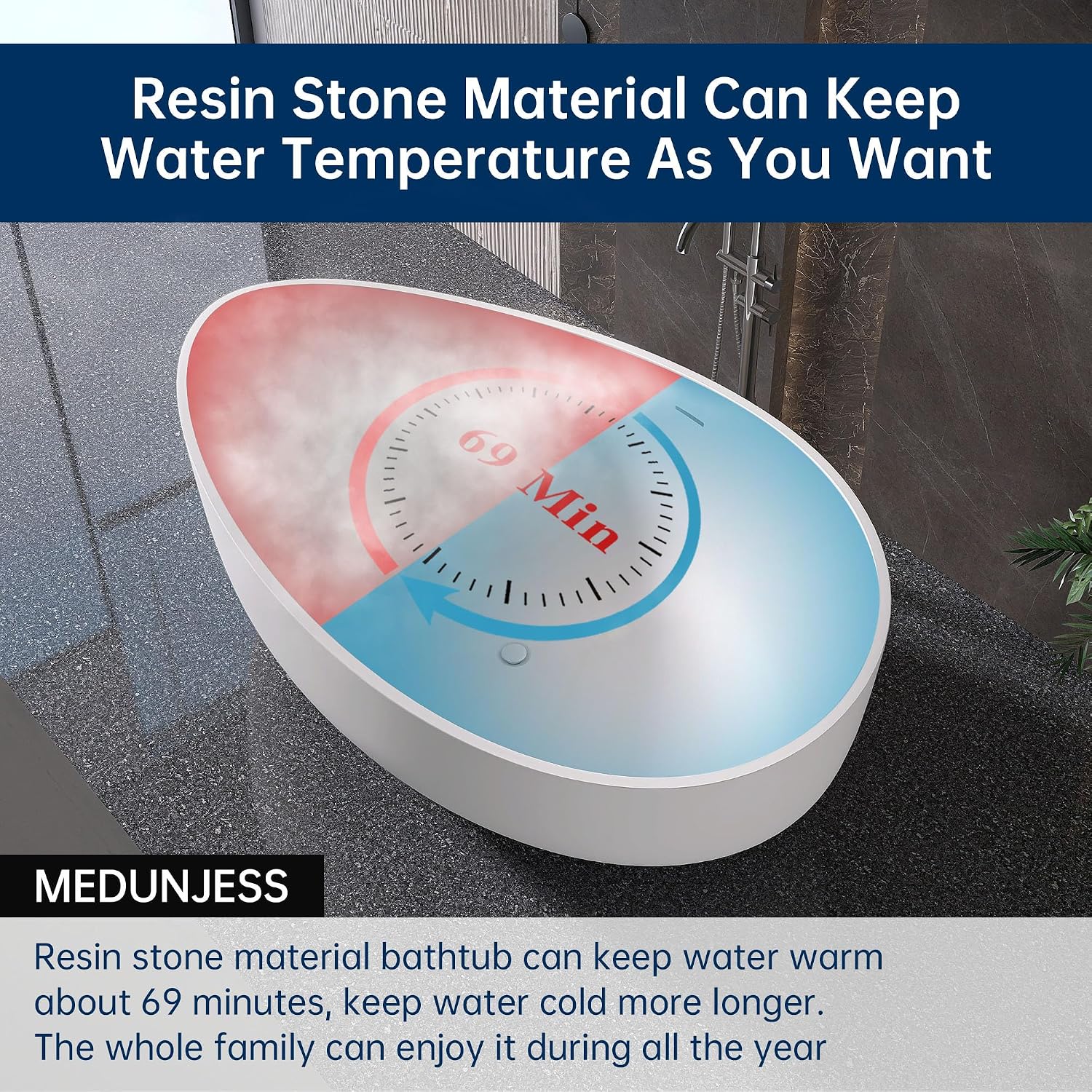 Stone Resin Freestanding Bathtub 71', Elegant Oval Shape Soaking Tub, Solid Surface Stand Alone Bathtub with Drain & Integrated Slotted Overflow Matte White AMMG015-1800