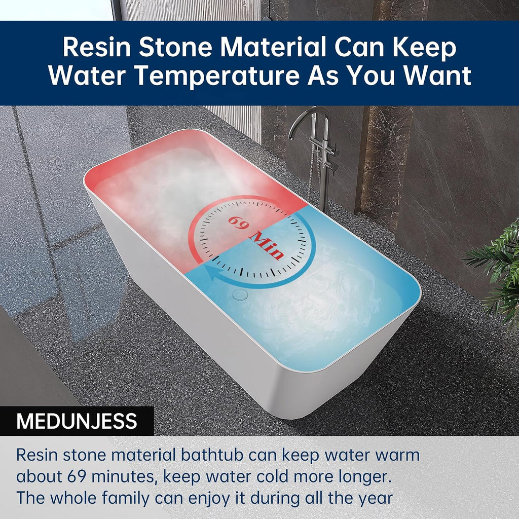 Stone Resin Freestanding Bathtub 67 ', Elegant Oval Shape Soaking Tub, Solid Surface Stand Alone Bathtub with Drain & Integrated Slotted Overflow Matte White AMFS340-1700