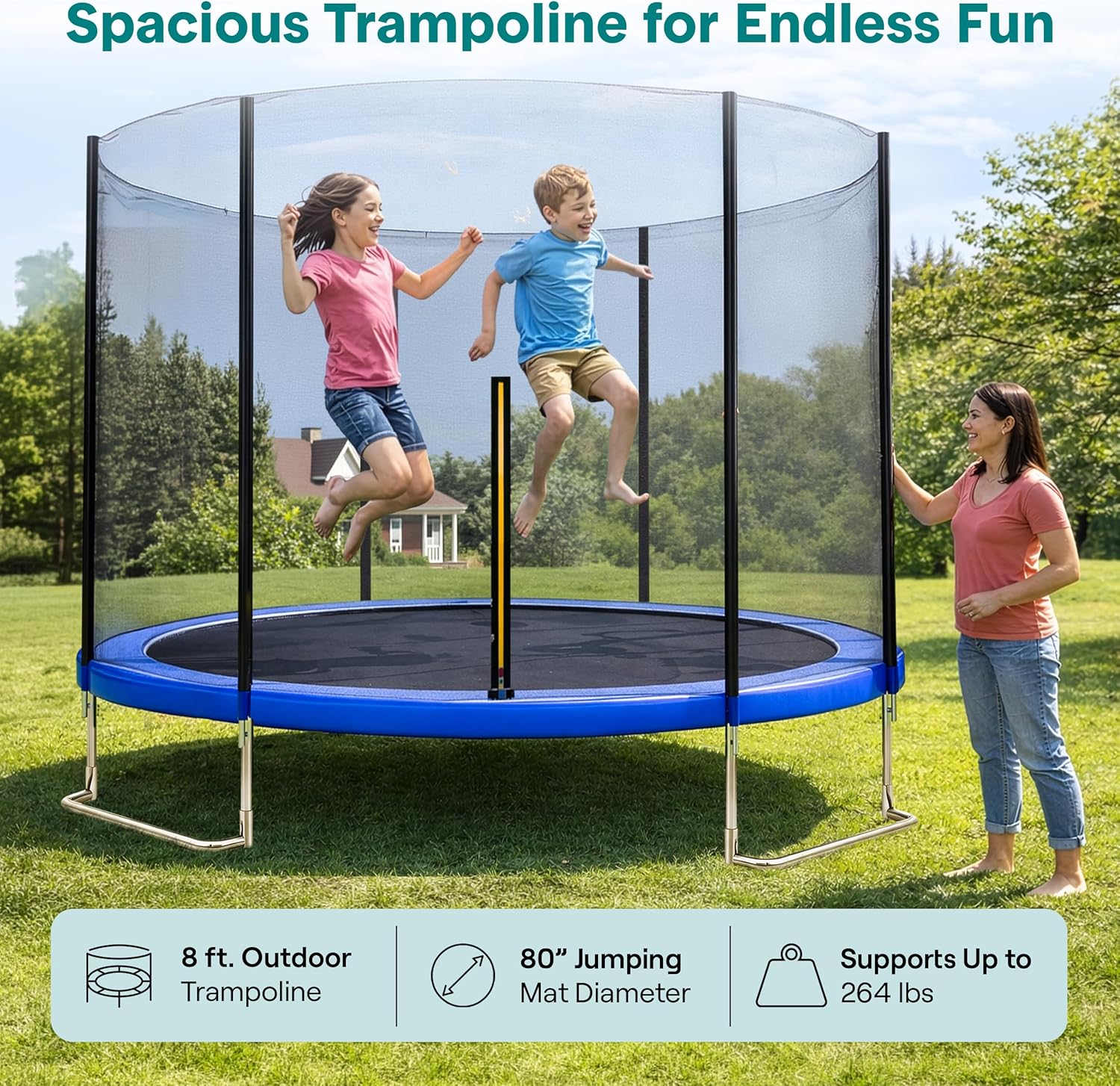 SereneLife Trampoline Outdoor 8FT 10FT 12FT 14FT with Enclosure Net, Ladder and Anti-Rust Coating - ASTM Approved Recreational Trampolines - Heavy Duty Yard Trampolines for Kids and Adults