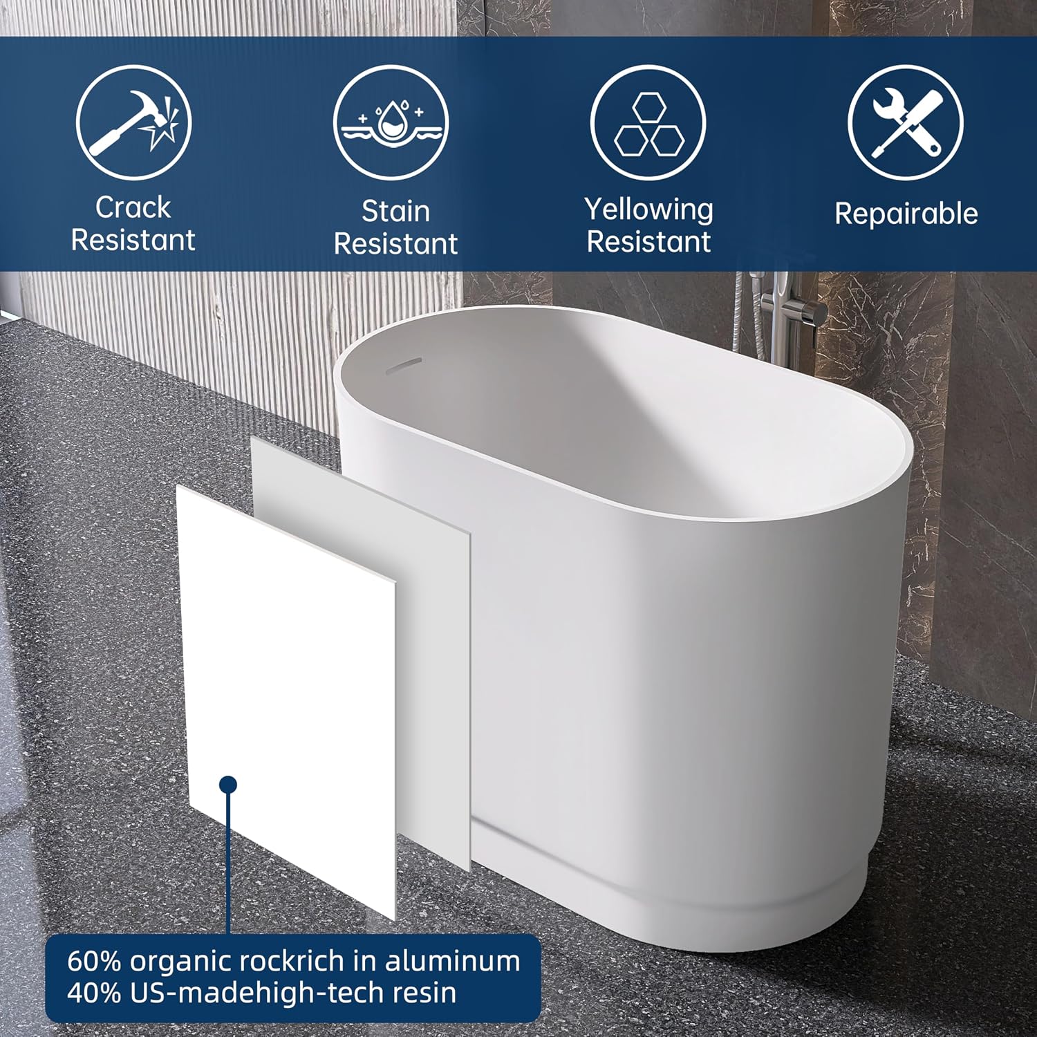 39' Stone Resin Janpanese Soaking Tub, Freestanding Deep Soaking Bathtub with Seat Desgin,Toe-tap Chrome Right Drain, Slotted Overflow, cUPC Certified, in Matte White
