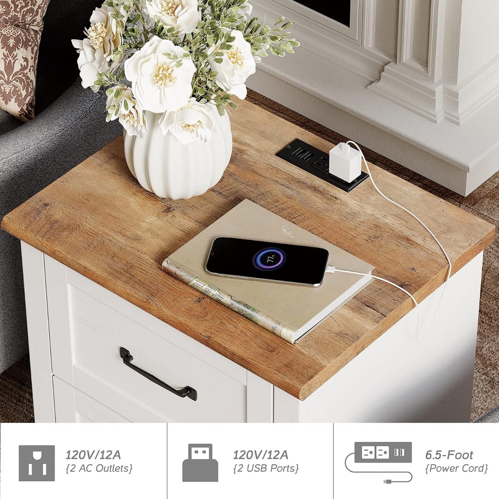 WAMPAT 3 Pieces Living Room Table Set, Set of 2 Nightstands Side Tables with Charging Station, One Rectangle Coffee Table with Storage Cabinet, Off White