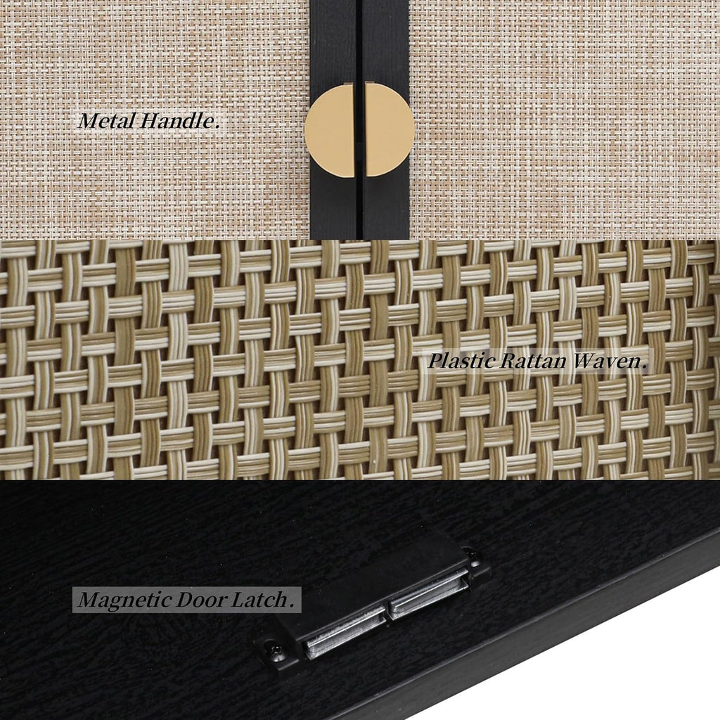 Modern Rattan Storage Sideboard Cabinet, Black Wood Buffet with Magnetic Latch, Adjustable Shelf. [2Pcs, Black]