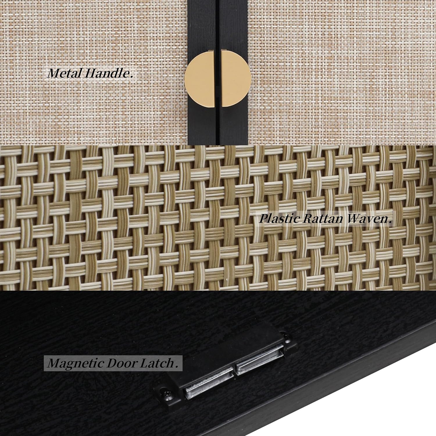 Modern Rattan Storage Sideboard Cabinet, Black Wood Buffet with Magnetic Latch, Adjustable Shelf. [2Pcs, Black]