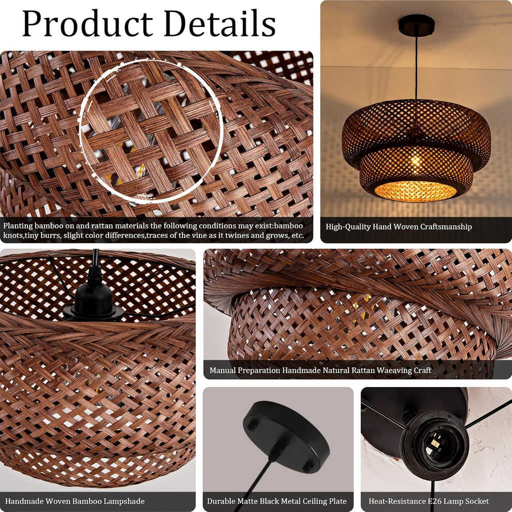Bamboo Pendant Light,Dark Curry Boho Rattan Hanging Light,17.7' Hand Woven Wicker Chandelier for Kitchen Island for Kitchen Island Dining Bedroom Living Room Restaurants