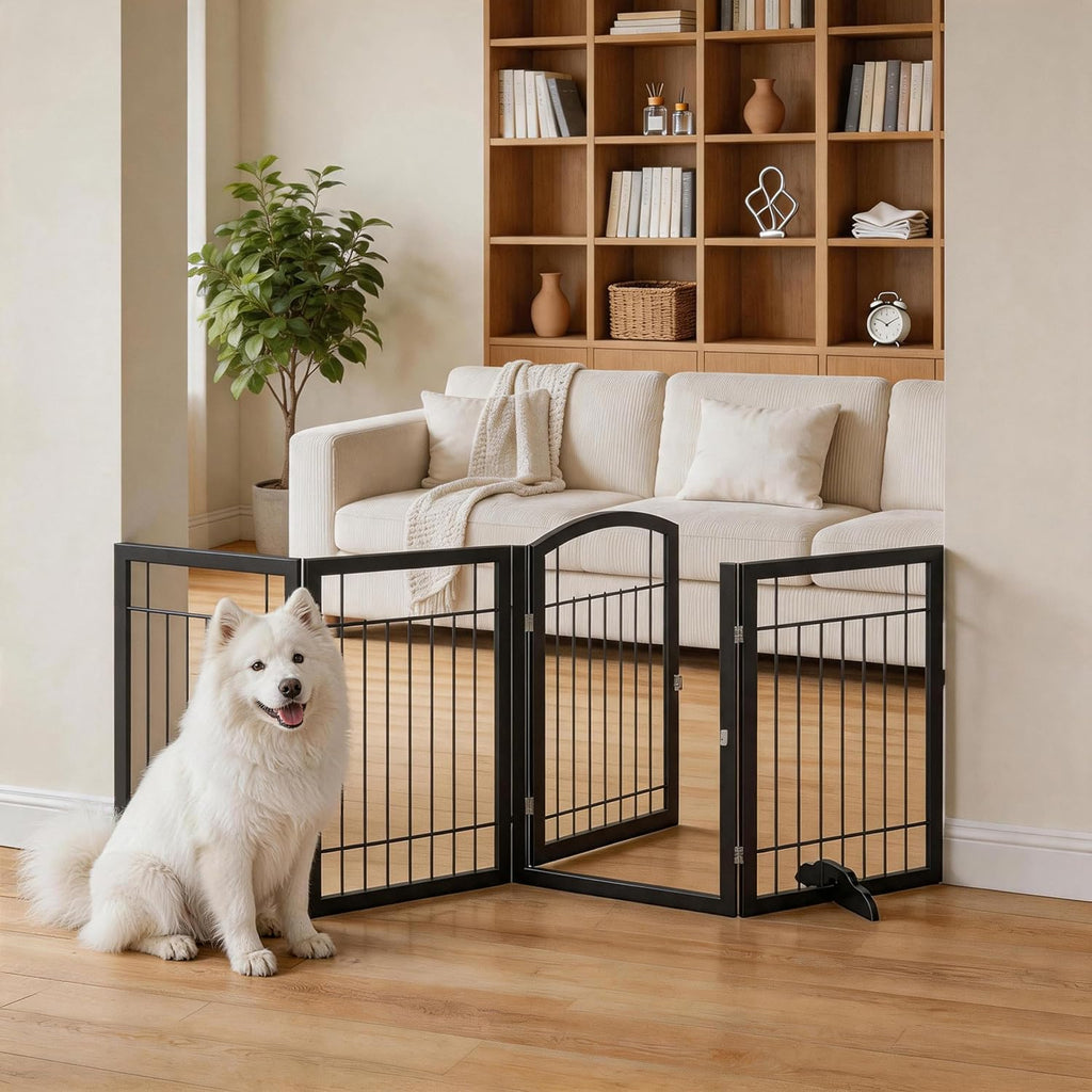 Vantas Folding Pet Gate 96' Wide, 30' Tall No-Assembly Metal Dog Gate with Door Walk Through, Freestanding Wire Pet Puppy Safety Fence, with 2PCS Support - Black