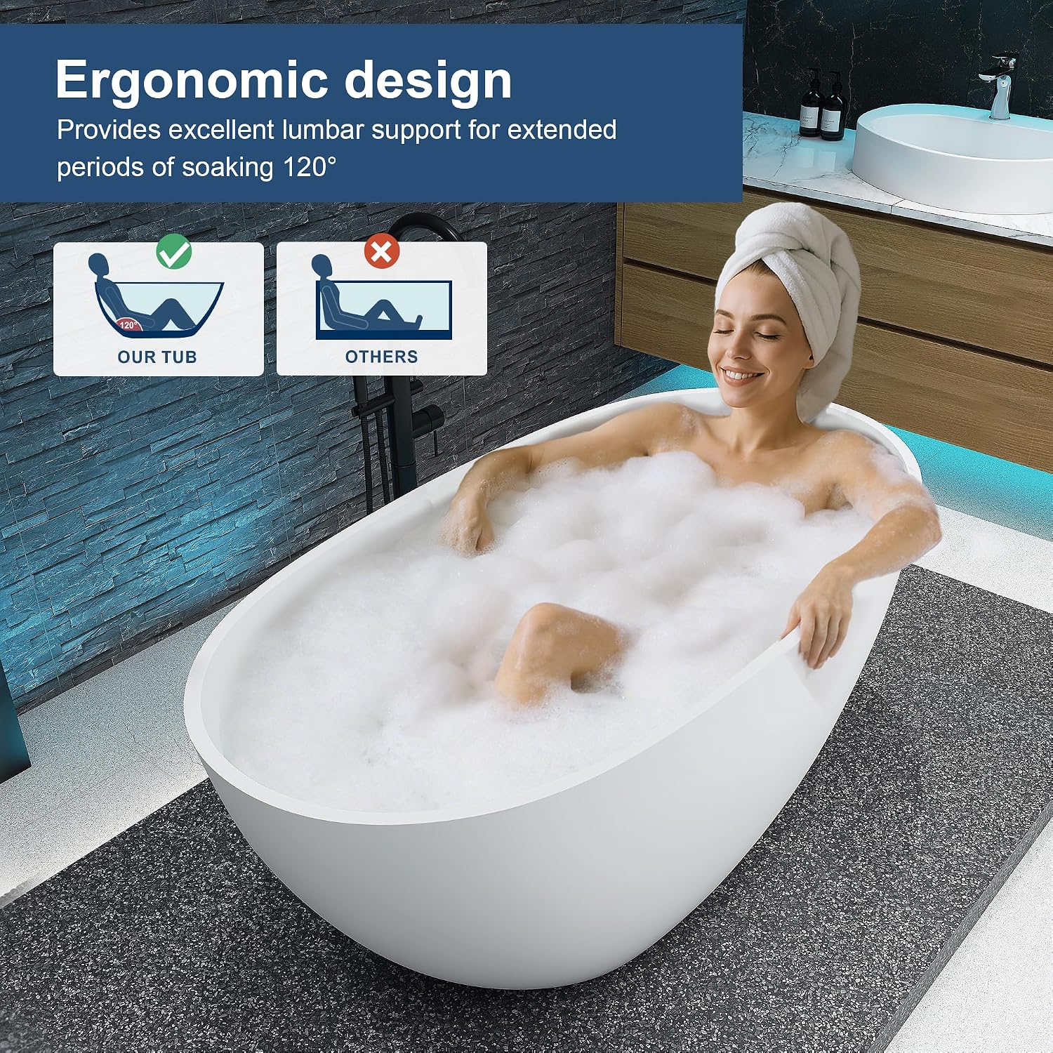55'' Stone Resin Free Standing Tub, Freestanding Bathtub Solid Surface, Modern Soaking Tub with Overflow and Pop-up Drain in White