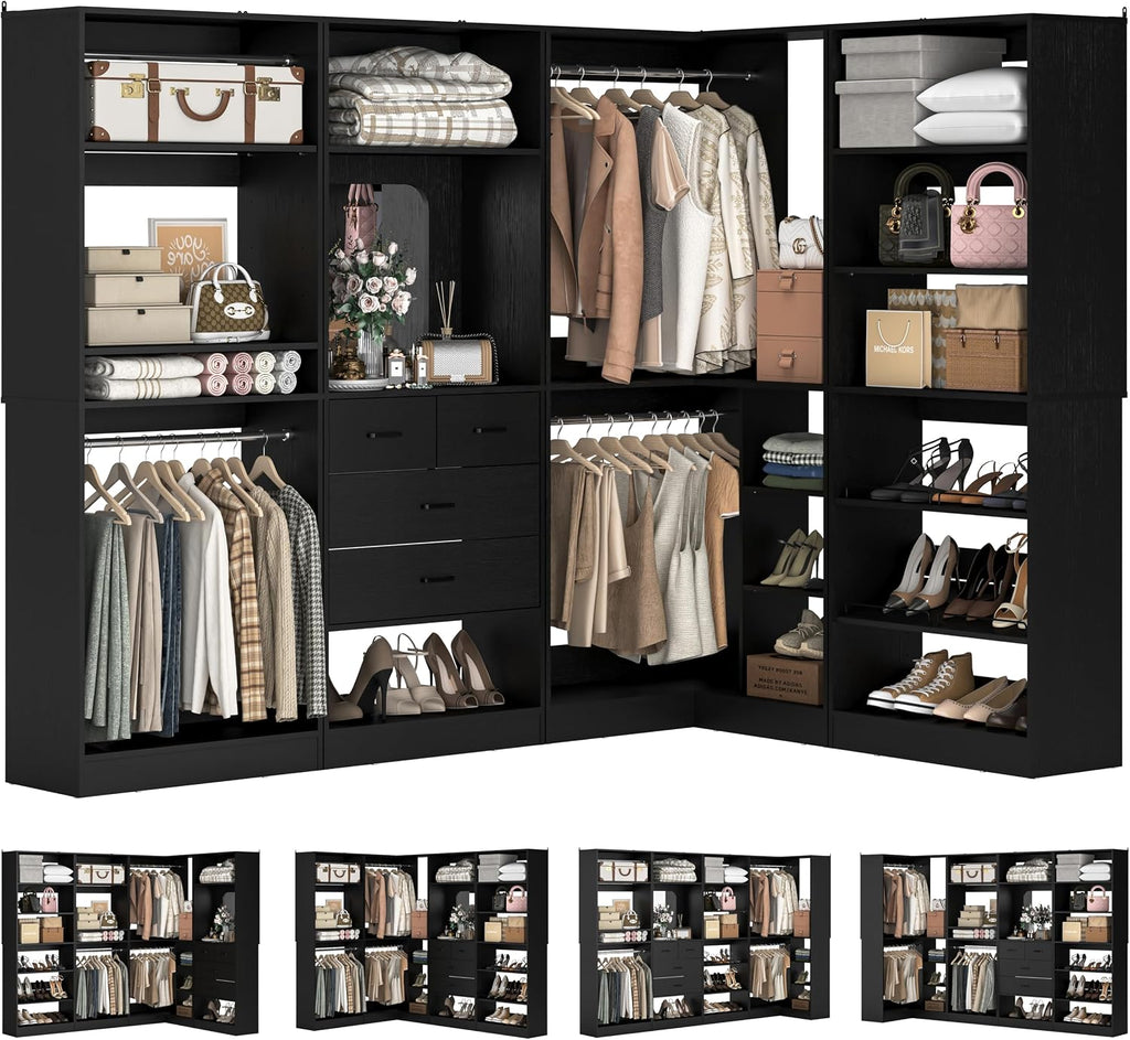 Unikito 110' Closet System with Drawers, Corner Closet Organizer with 4 Hanging Rods and Mirror Design, 9.3FT Reversible Large Wood L Shaped Walk in Closets Wardrobe with Shoe Shelves, Set of 4, Black