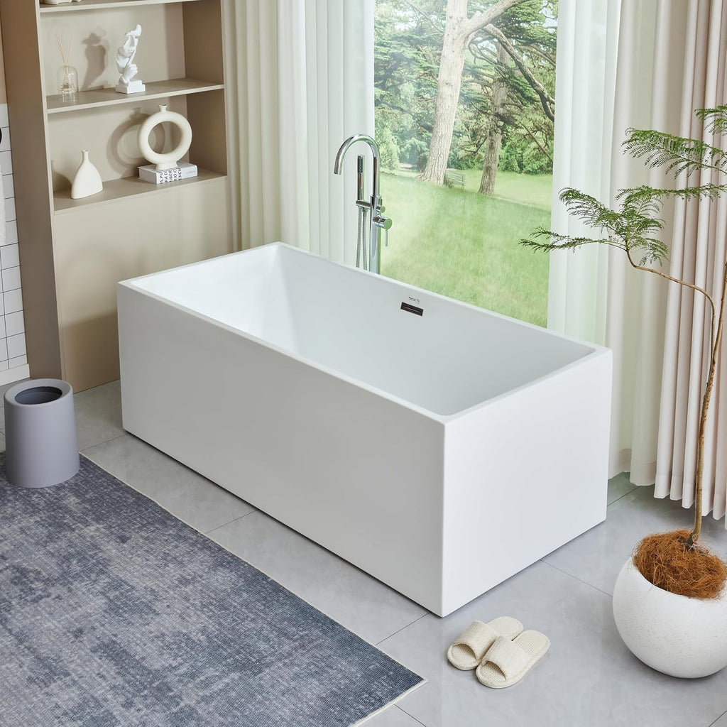 HomeBeyond 67 Inch Freestanding Tub | Acrylic Freestanding Bathtub, Square Flatbottom Freestanding Bathtub Stand Alone Tub with Pop-up Drain Overflow
