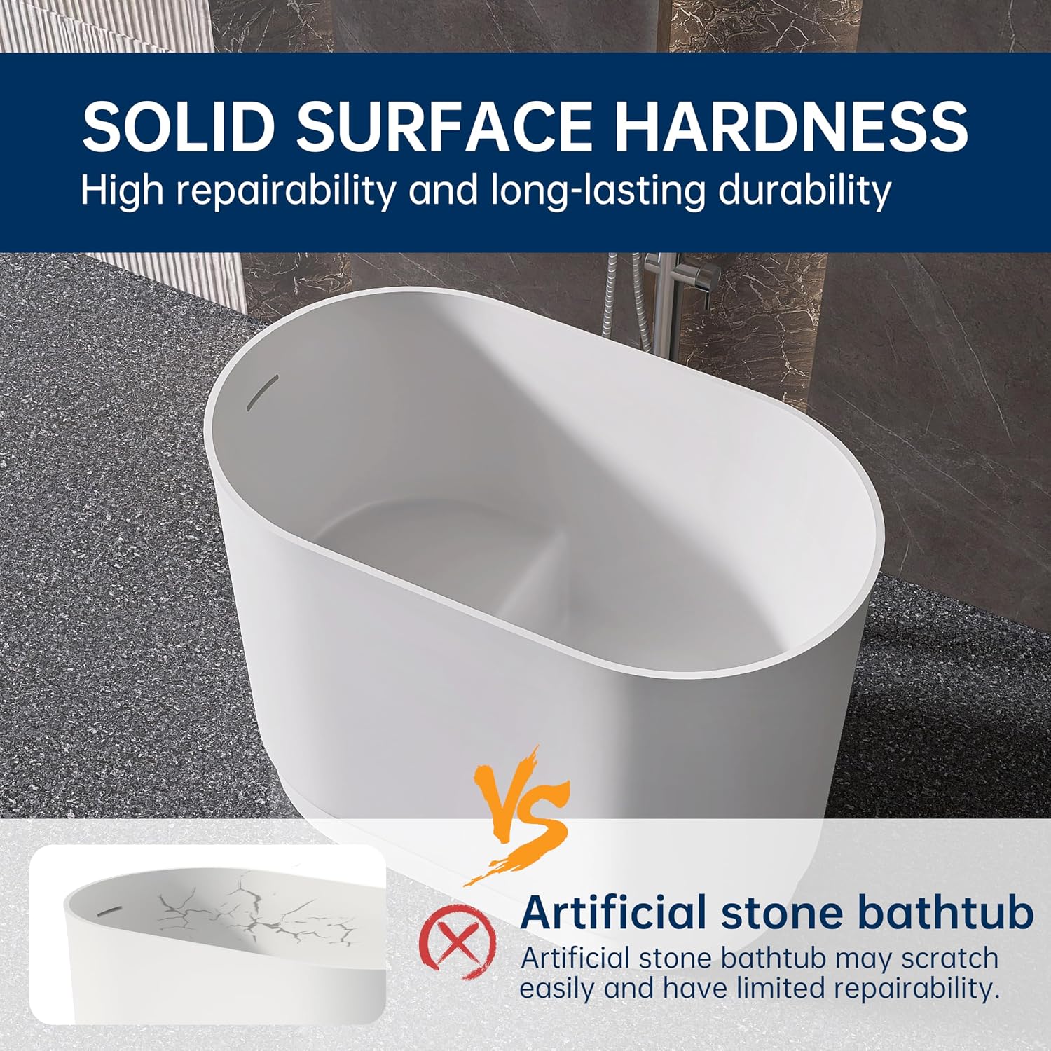 39' Stone Resin Janpanese Soaking Tub, Freestanding Deep Soaking Bathtub with Seat Desgin,Toe-tap Chrome Right Drain, Slotted Overflow, cUPC Certified, in Matte White