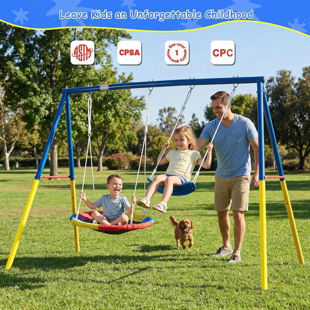 Swing Set for Backyard with Stand, Playground Swing Heavy Duty 440lbs Metal Outdoor Swing Stand, Contain 1 Saucer 32' & 1 Belt seat 26.2' - Backyard Playset