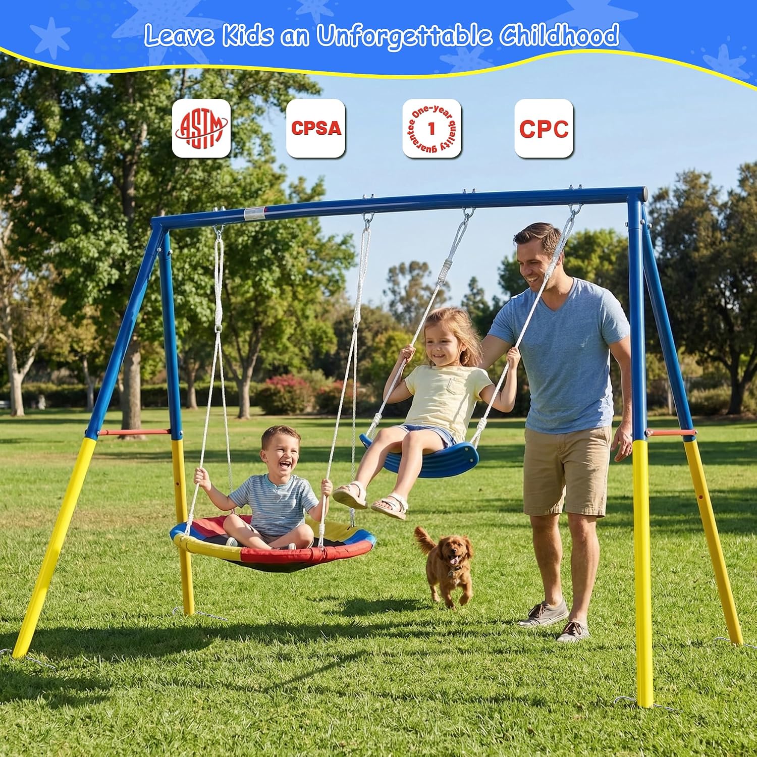 Swing Set for Backyard with Stand, Playground Swing Heavy Duty 440lbs Metal Outdoor Swing Stand, Contain 1 Saucer 32' & 1 Belt seat 26.2' - Backyard Playset