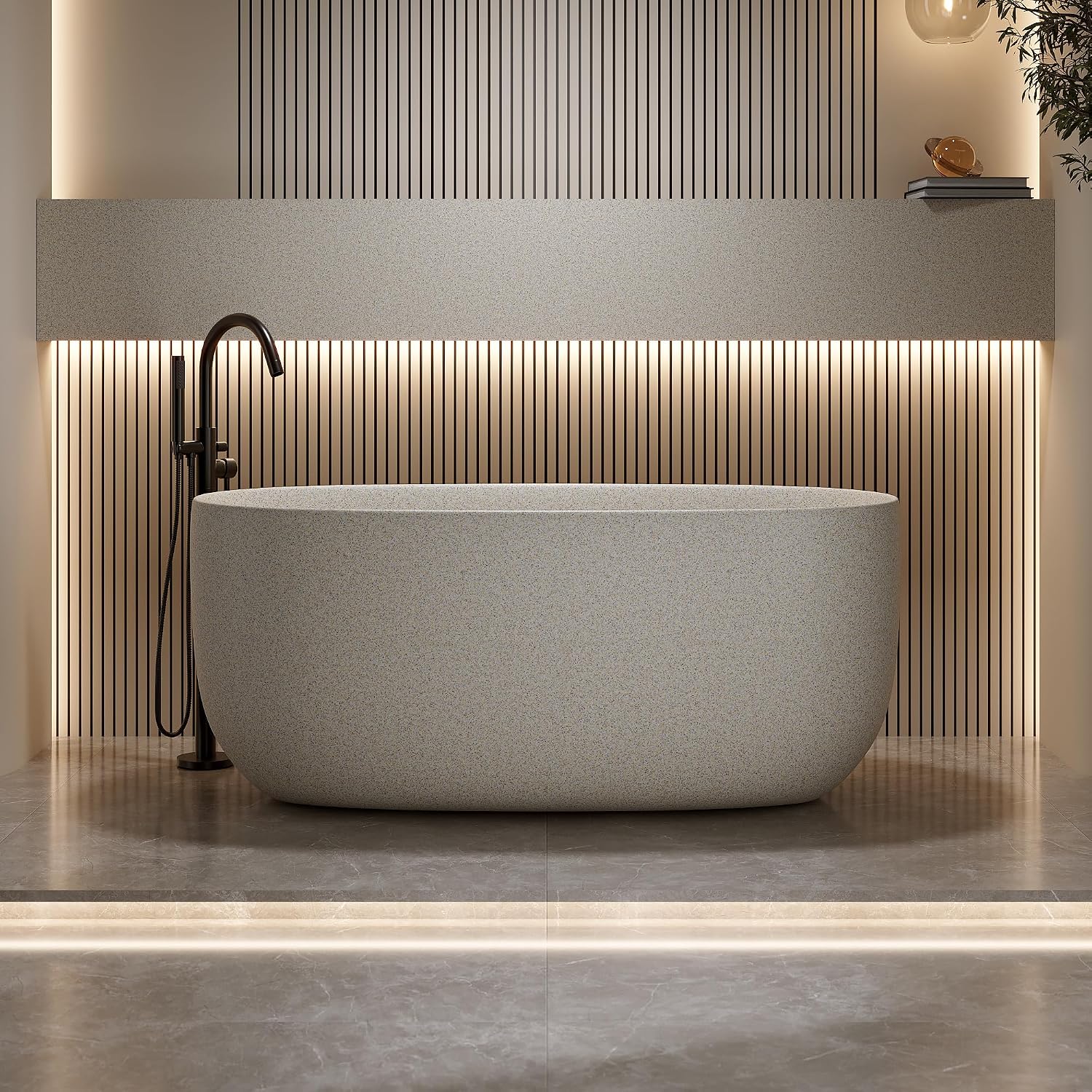 KEIKI 47'' Freestanding Bathtub, Resin Stone Soaking Bathtub with Solid Surface, Modern Tubs with Overflow and Pop-up Drain
