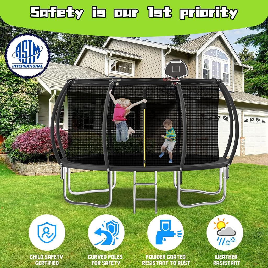 Tranpoline 10FT 12FT 14FT 16FT Tranpoline for Kids with Safety Enclosure Net Recreational Tranpoline for Adults ASTM Approval Backyard Outdoor Tranpoline with Basketball Hoop