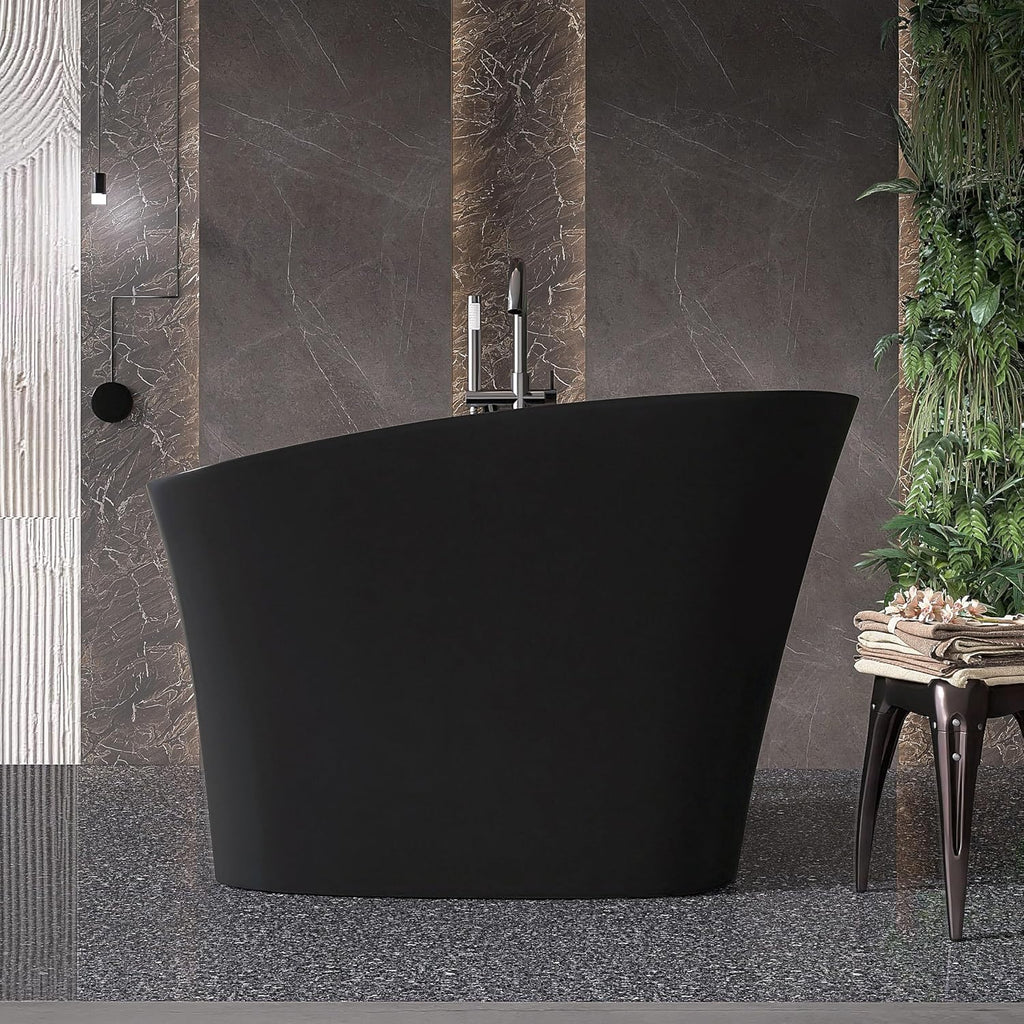 51'' Japanese Soaking Tub Freestanding Bathtub Resin Stone Bathtubs Deep soaking Tub with Overflow and Pop-up Drain - black