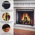Plow & Hearth Metal Fireplace Screen Glass Black | 38' W x 31' H | Dual Magnetic Hinged Doors | Spark Guard Cover | Stand Alone Wrought Iron Panel Fire Place Cover