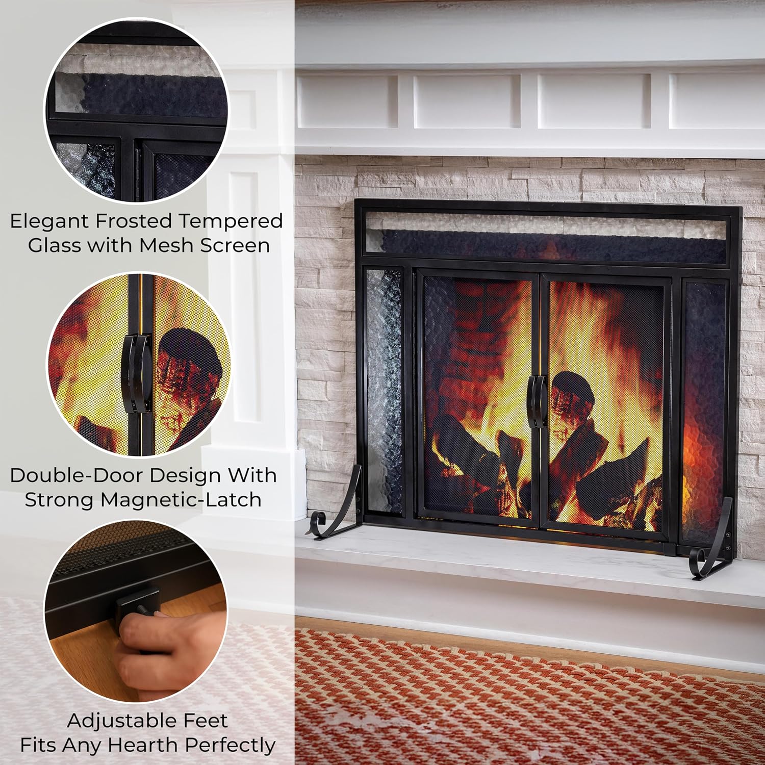 Plow & Hearth Metal Fireplace Screen Glass Black | 38' W x 31' H | Dual Magnetic Hinged Doors | Spark Guard Cover | Stand Alone Wrought Iron Panel Fire Place Cover