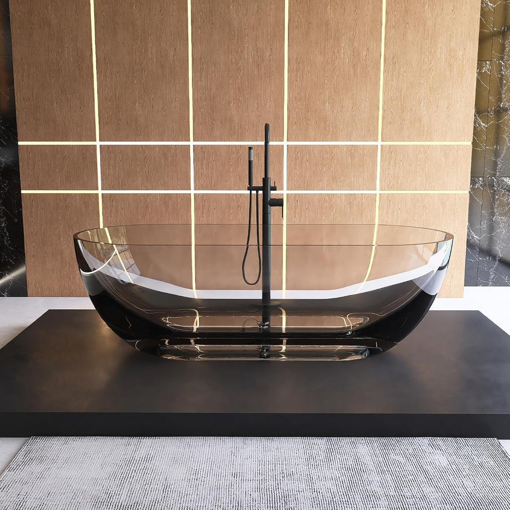 69' Freestanding Solid Surface Resin Stone Bathtub, Modern Design Stand Alone Tub with Drain, Transparent Gray 307TG1750