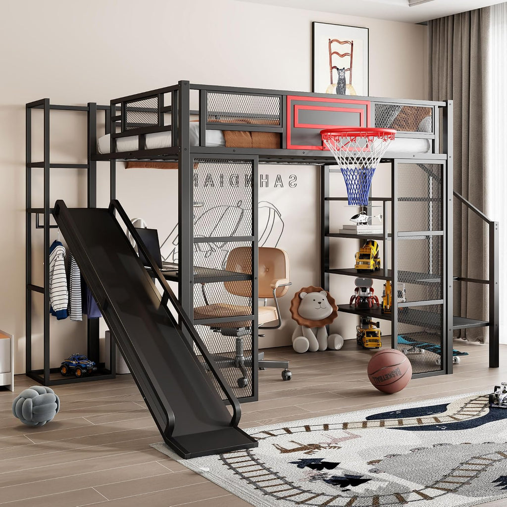 Merax Full Size Metal Loft Bed with Slide and Stairs, Loft Bed Frame with Built-in Desk, Open Wardrobe, Basketball Hoop, Space-Saving Loft Bed Frame with Storage Staircase for Kids Teens Boys, Black