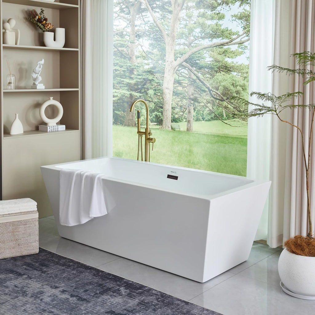 HomeBeyond 59 Inch Freestanding Bathtub | Acrylic Free Standing Tub, Square Flatbottom Freestanding Bathtub Stand Alone Tub, 49 (gallons) capacity