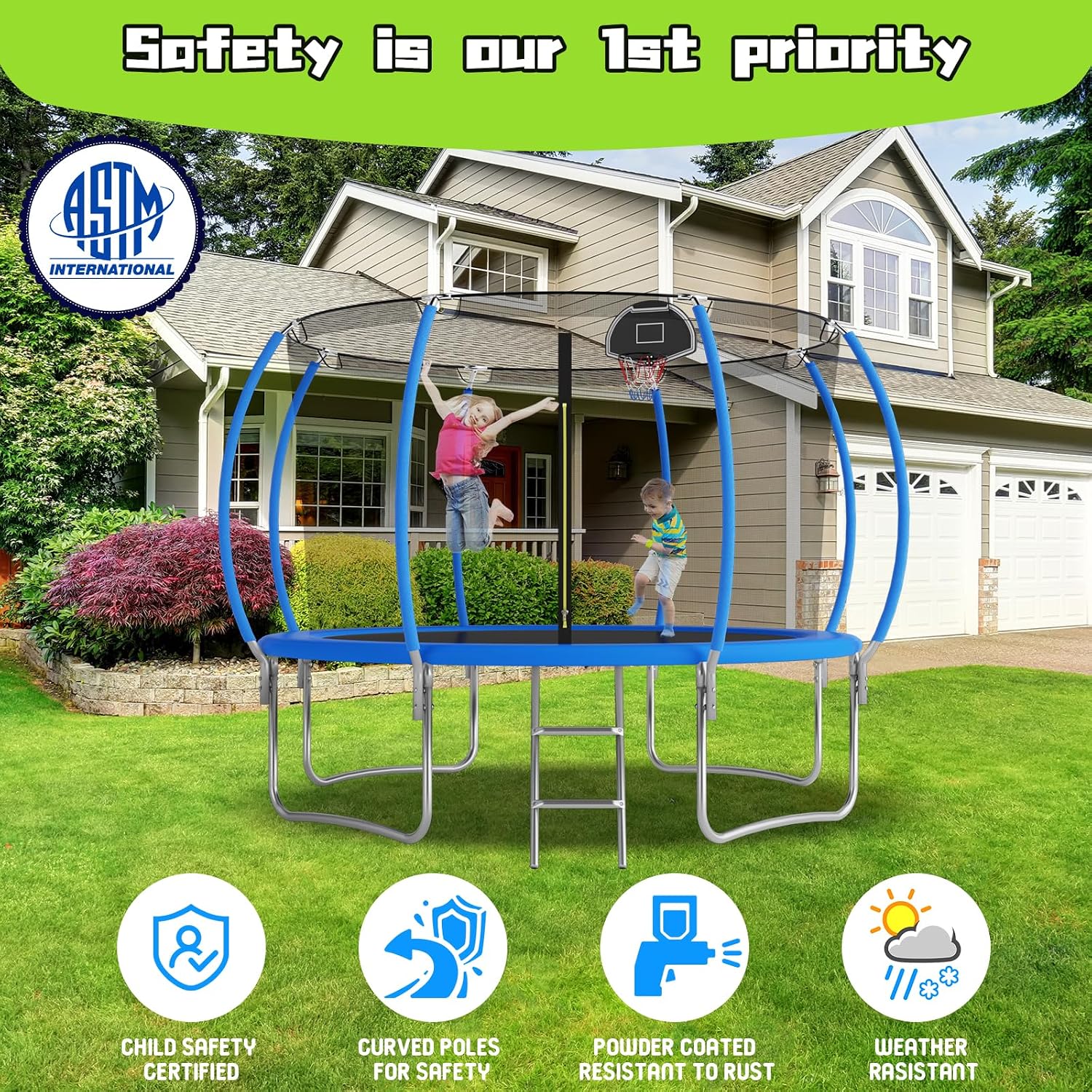 Tranpoline 10FT 12FT 14FT 16FT Tranpoline for Kids with Safety Enclosure Net Recreational Tranpoline for Adults ASTM Approval Backyard Outdoor Tranpoline with Basketball Hoop