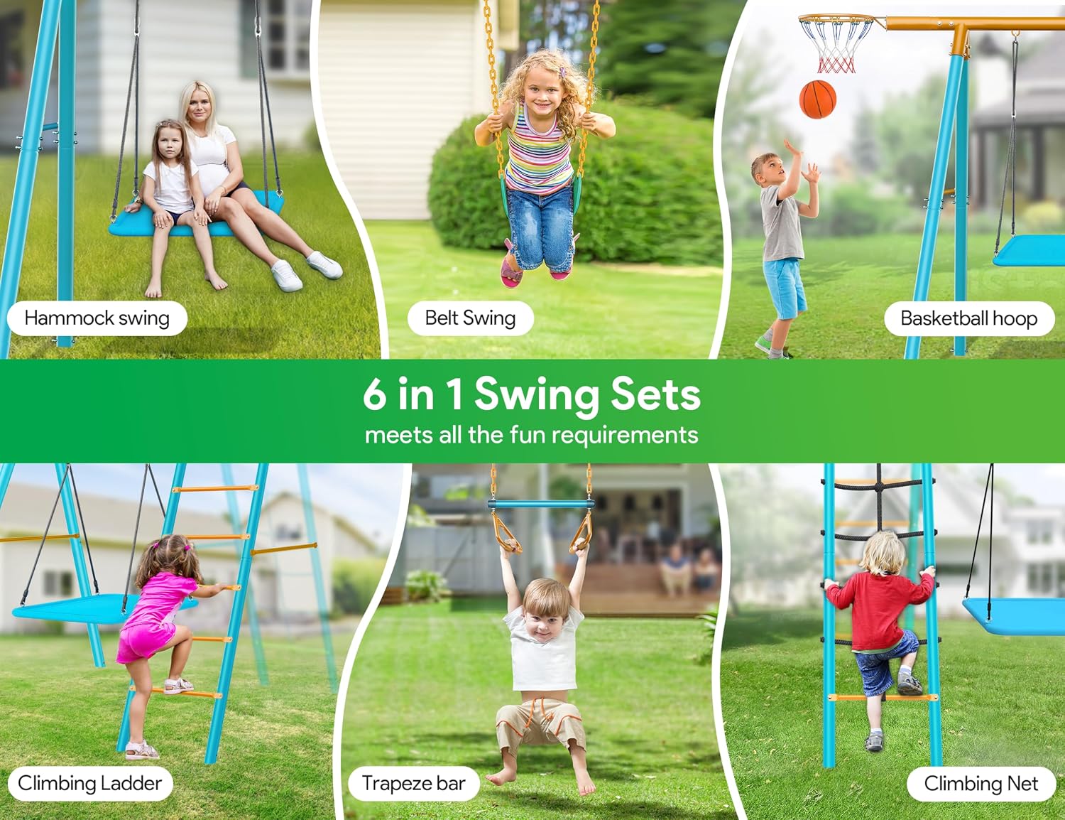 Osoeri 6-in-1 Swing Set for Backyard, Heavy-Duty Metal Kids Swing Set with 2 Swings, Climbing Net, Trapeze Bar, and Basketball Hoop (Blue)