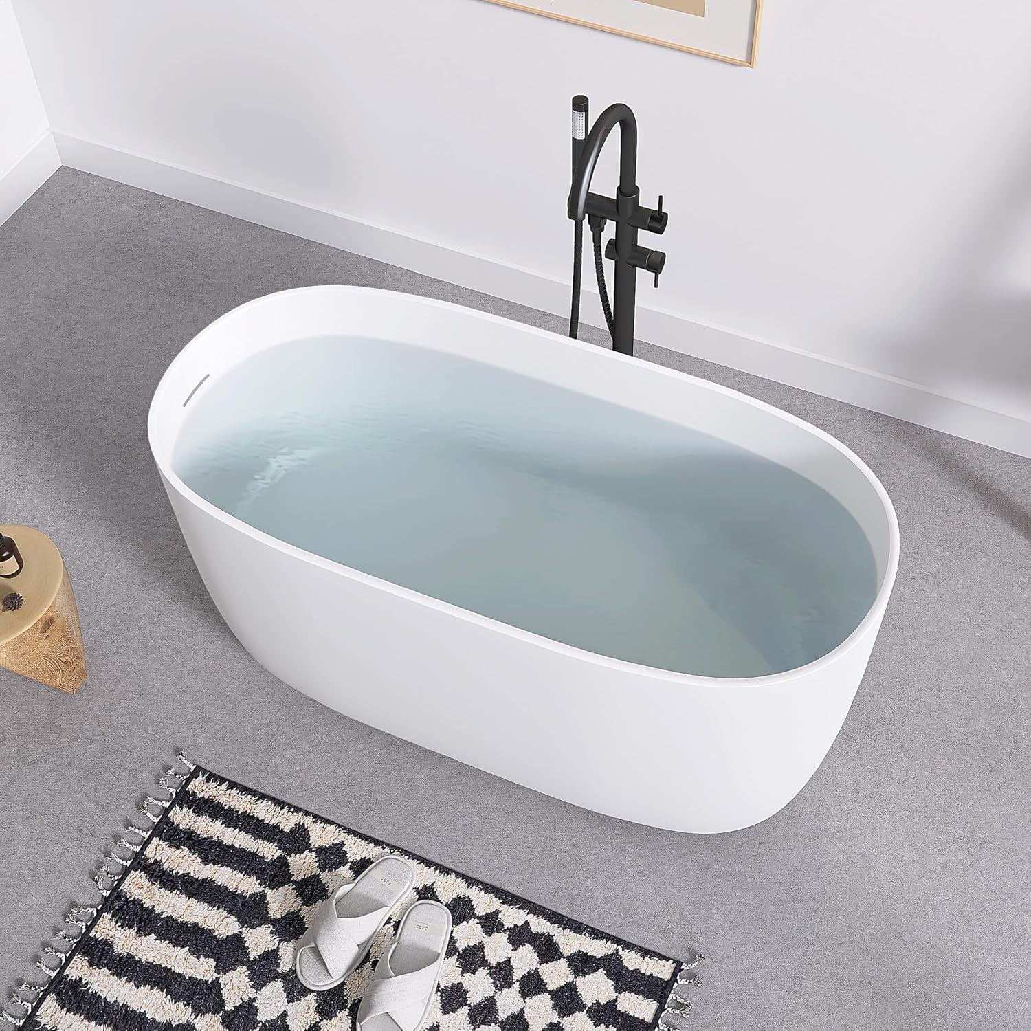 SJ STAR&JANE 47' Solid Surface Freestanding Bathtub Modern Stone Resin Oval Soaking Tub with Side Drain in Matte White