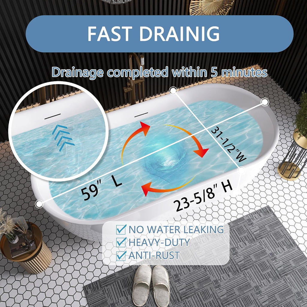 59' Free Standing Tub, Pure Acrylic Freestanding Bathtub, Stylish Stand Alone Contemporary Deep Soaking Bath Tub, cUPC Certified SY6850 (Glossy White)