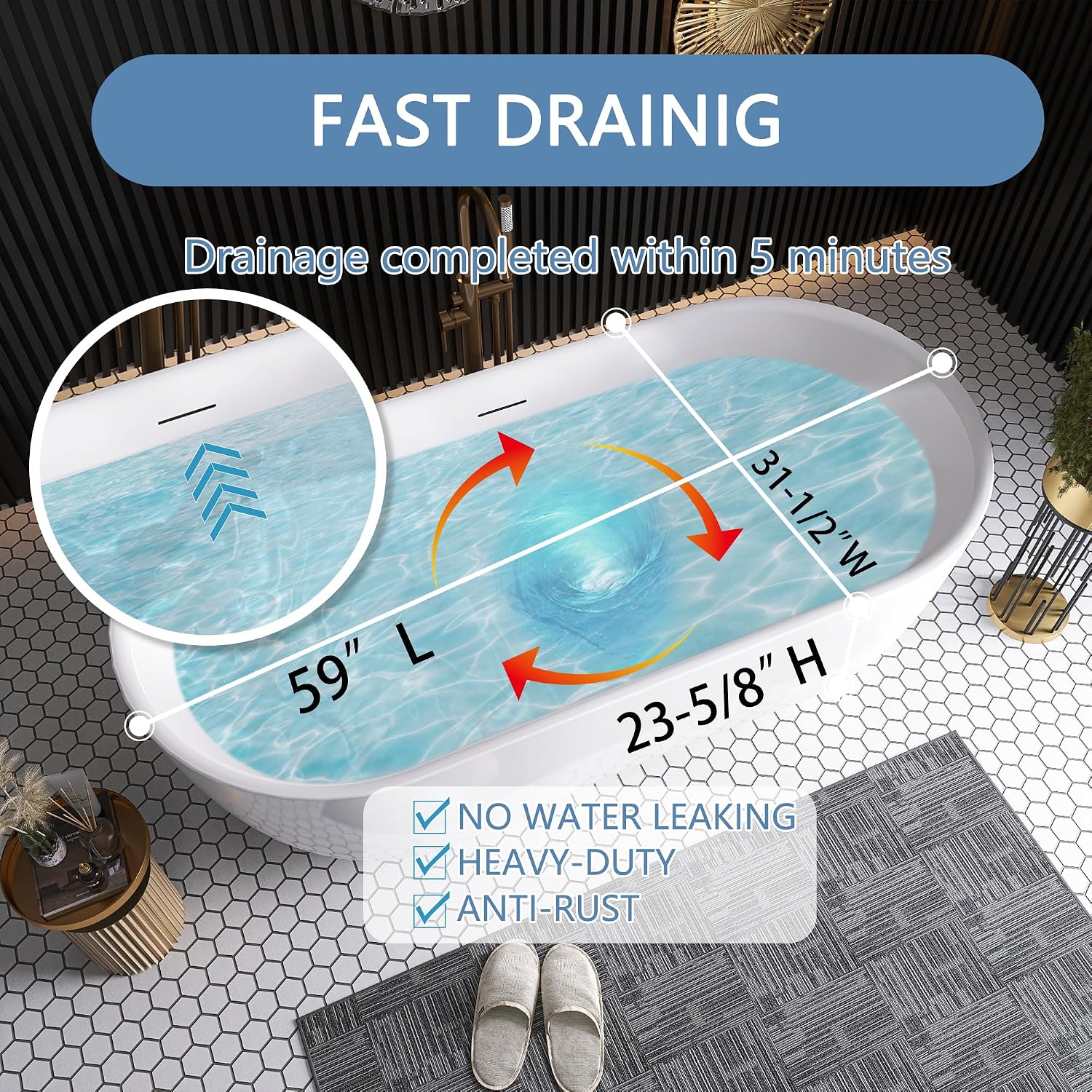 59' Free Standing Tub, Pure Acrylic Freestanding Bathtub, Stylish Stand Alone Contemporary Deep Soaking Bath Tub, cUPC Certified SY6850 (Glossy White)