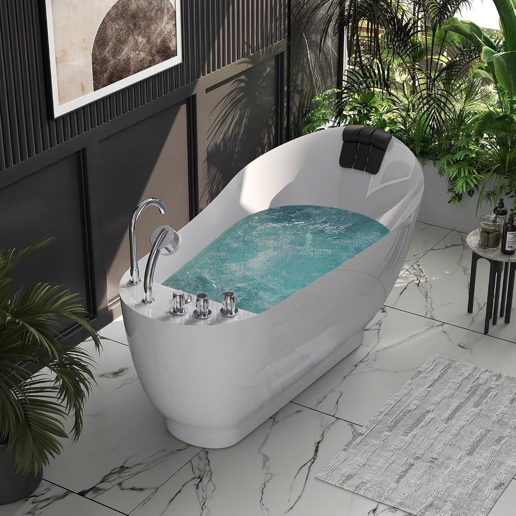 Empava 59' x 29' Freestanding Whirlpool Tub, Acrylic 560W Jetted Bathtub with 7 Hydromassage Nozzles,Lumbar and Neck Support,ETL Certified