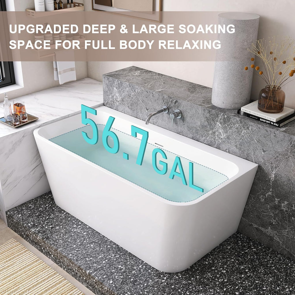 59' Acrylic Back-to-Wall Bathtub,Freestanding Bathtub, Stand Alone Tub, Soaking Tubs for Bathroom, Free Standing Tub with Integrated Overflow and Drain, cUPC Certified, Gloss White