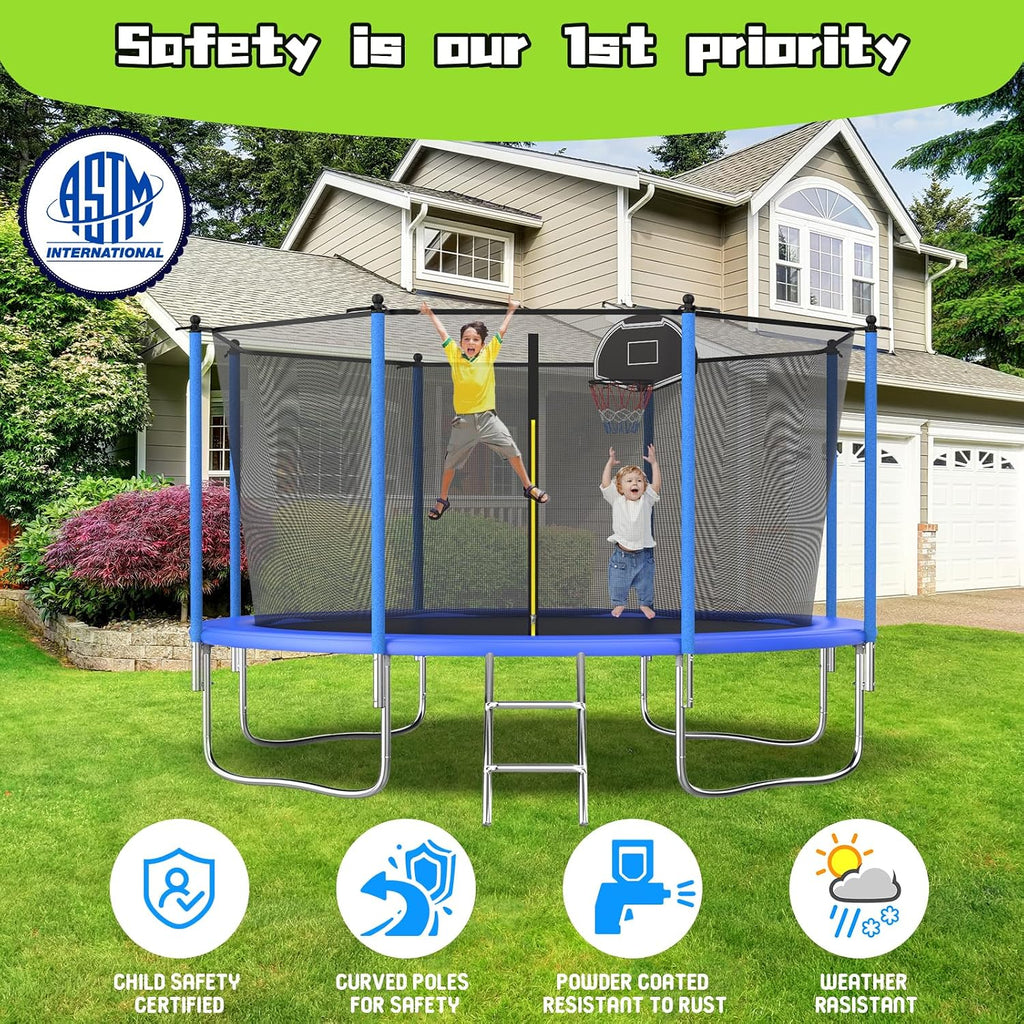 Tranpoline 10FT 12FT 14FT 16FT Tranpoline for Kids with Safety Enclosure Net Recreational Tranpoline for Adults ASTM Approval Backyard Outdoor Tranpoline with Basketball Hoop