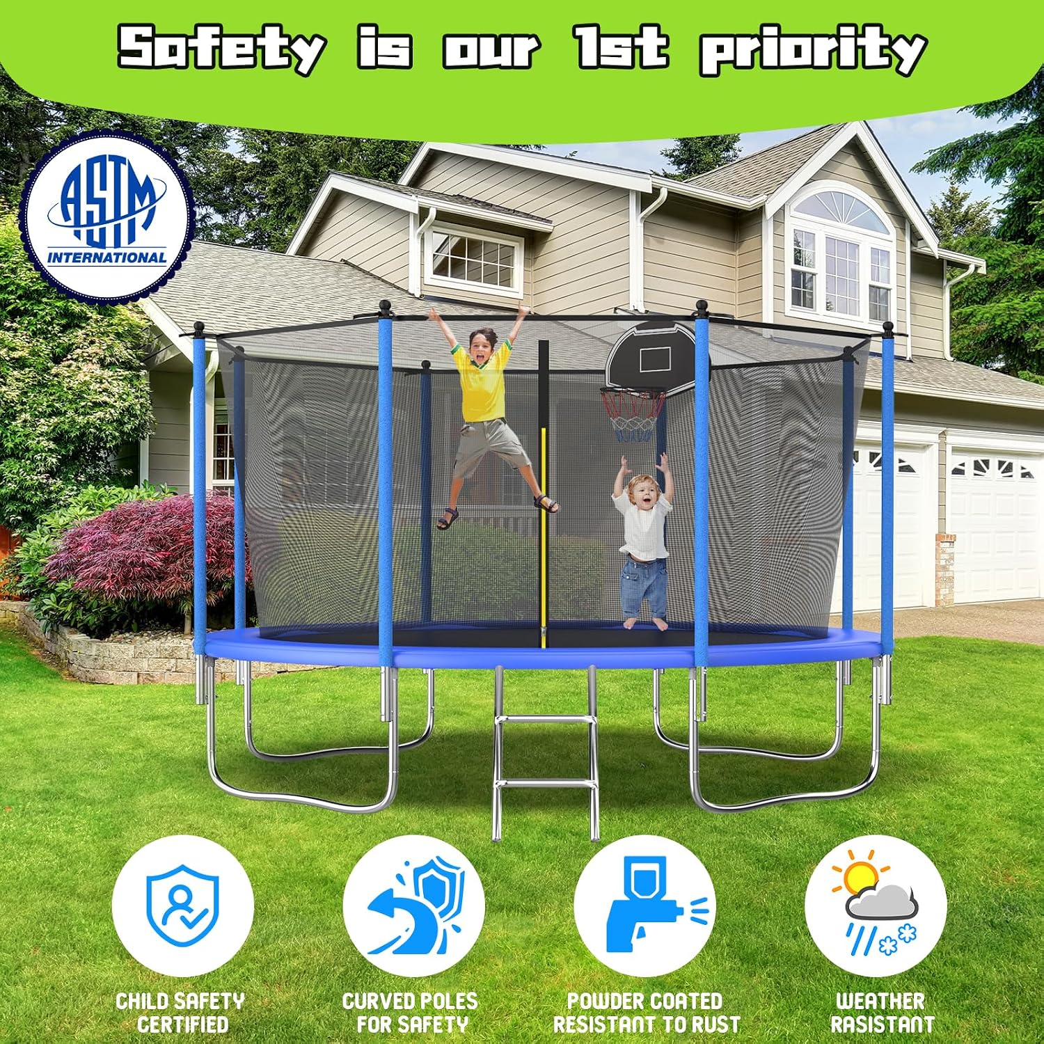 Tranpoline 10FT 12FT 14FT 16FT Tranpoline for Kids with Safety Enclosure Net Recreational Tranpoline for Adults ASTM Approval Backyard Outdoor Tranpoline with Basketball Hoop