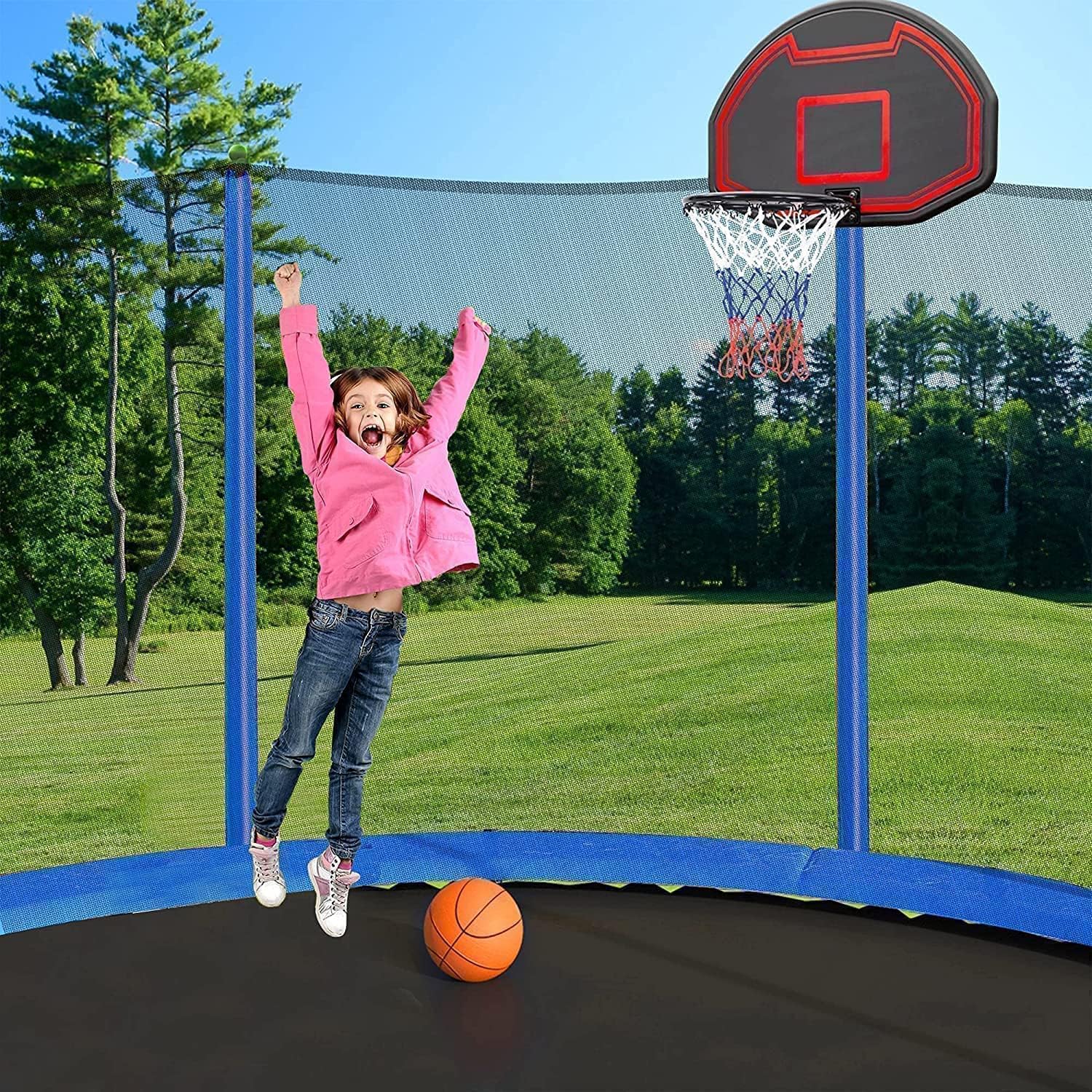 1500LBS 10FT 12FT 14FT 15FT 16FT Trampoline with LED Lights, Sprinkler, Music Speaker and Socks, ASTM Approved Outdoor Trampoline for Kids and Adults, Backyard Trampolines with Net Enclosure