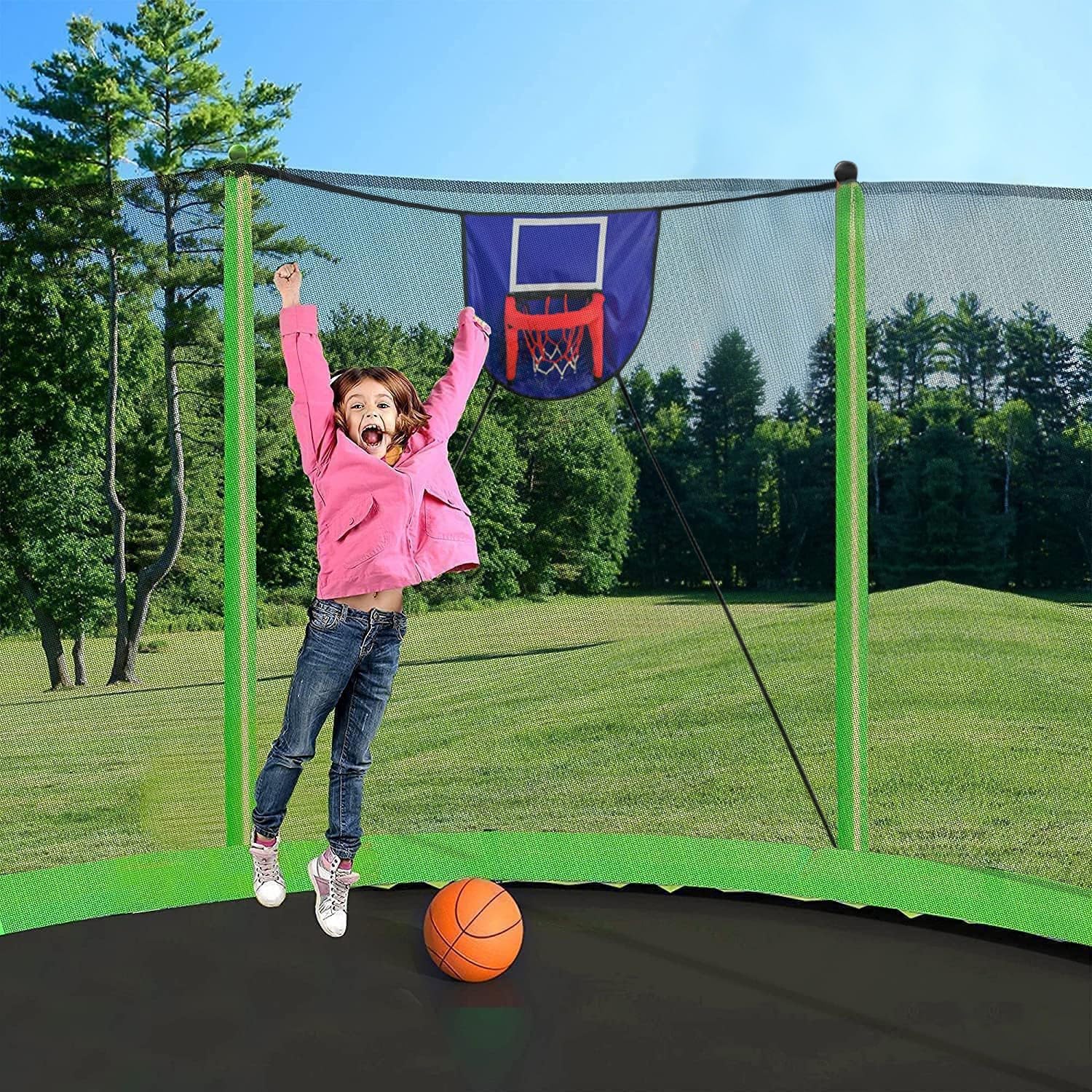 1500LBS 10FT 12FT 14FT 15FT 16FT Trampoline with LED Lights, Sprinkler, Music Speaker and Socks, ASTM Approved Outdoor Trampoline for Kids and Adults, Backyard Trampolines with Net Enclosure