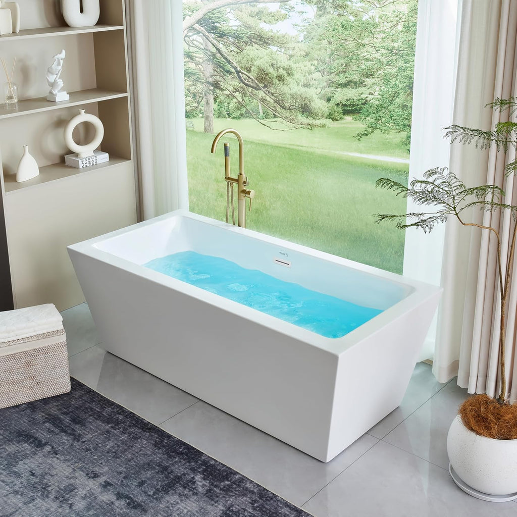 HomeBeyond 67 Inch Free Standing Bathtub | Acrylic Freestanding Soaking Tub, Square Bathroom Stand Alone Tub, Suitable Single Person Bathing, Pure White