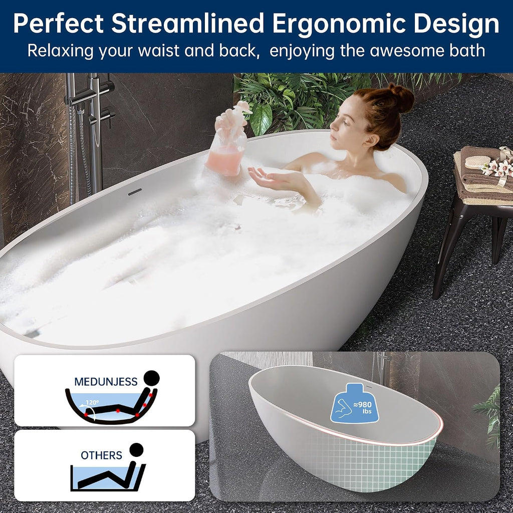 61'' Resin Stone Freestanding Bathtub, Oval Soaking Freestanding Bathtubs with Solid Surface, Soaking Tub with Overflow and Pop up Drain - Light Grey