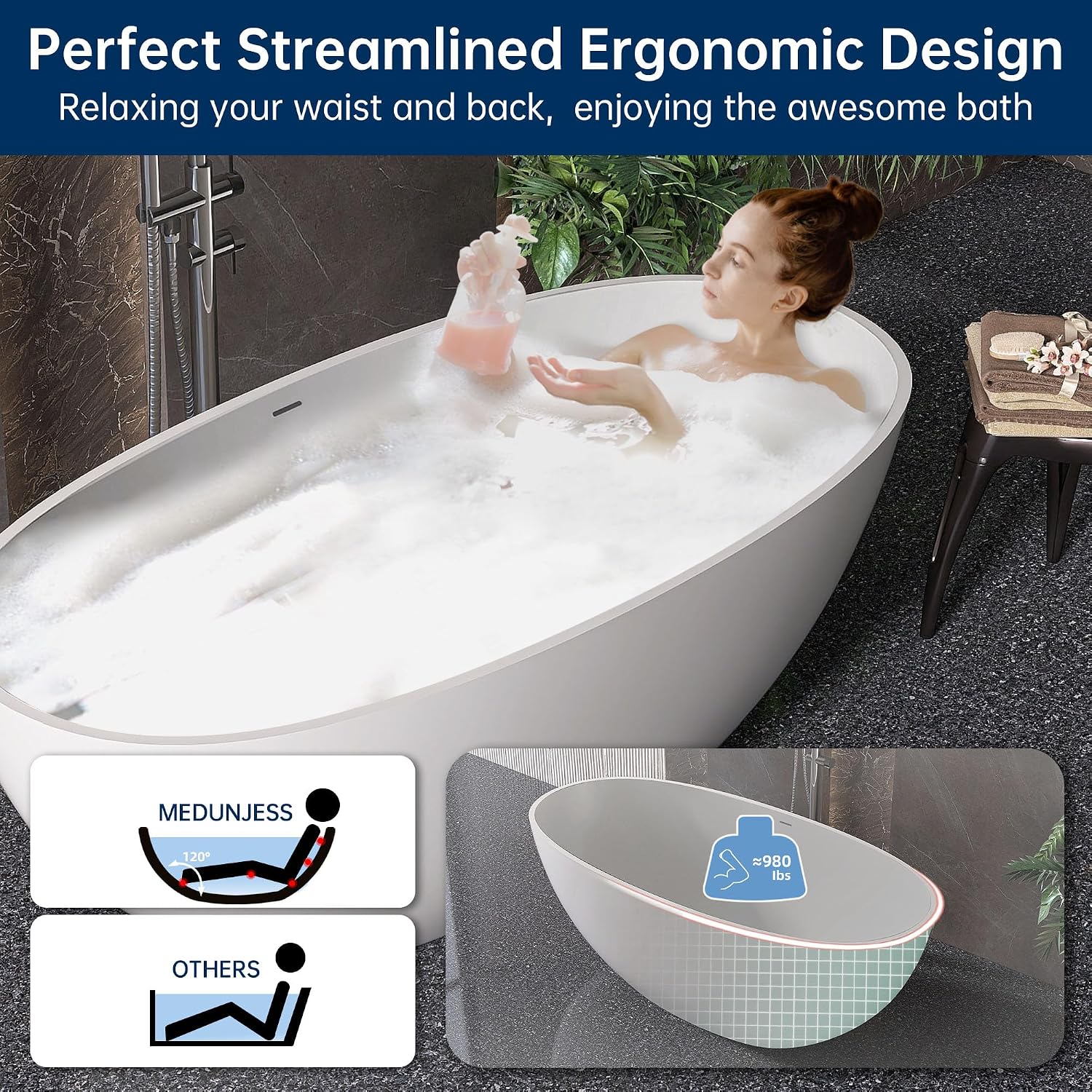 61'' Resin Stone Freestanding Bathtub, Oval Soaking Freestanding Bathtubs with Solid Surface, Soaking Tub with Overflow and Pop up Drain - Light Grey