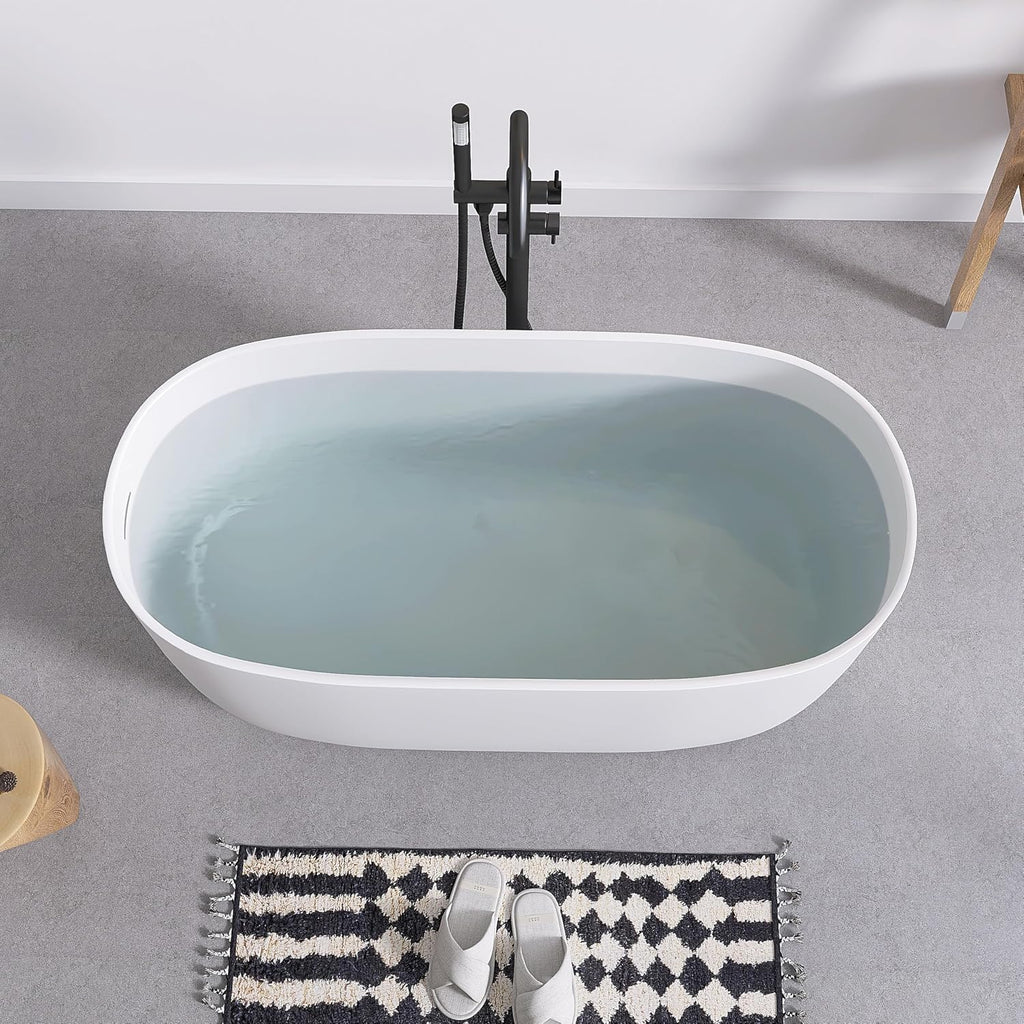 SJ STAR&JANE 47' Solid Surface Freestanding Bathtub Modern Stone Resin Oval Soaking Tub with Side Drain in Matte White