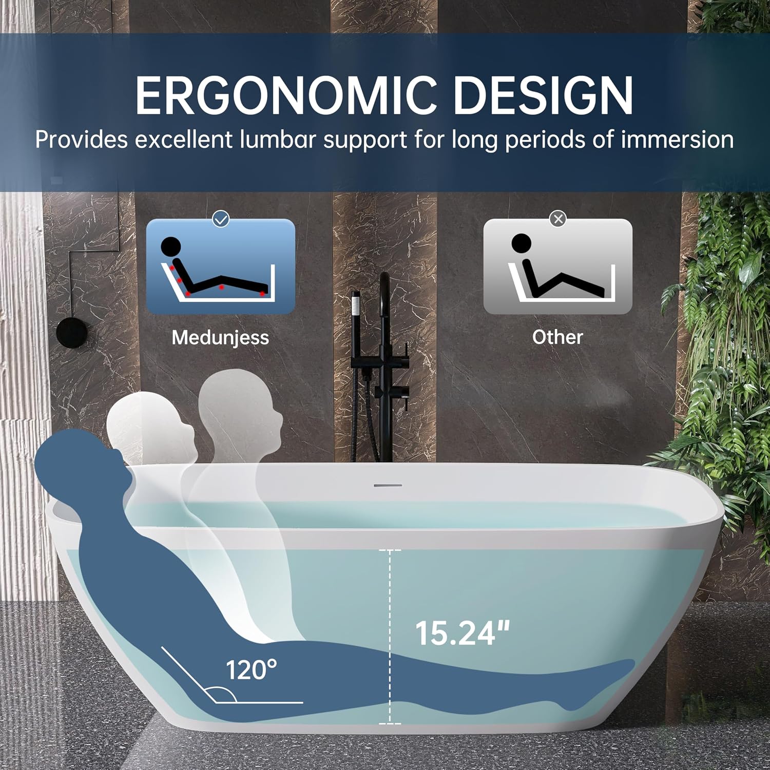 59'' Freestanding Bathtub Resin Stone Deep Soaking Tubs Solid Surface Matte Tub with Overflow and Pop-up Drain