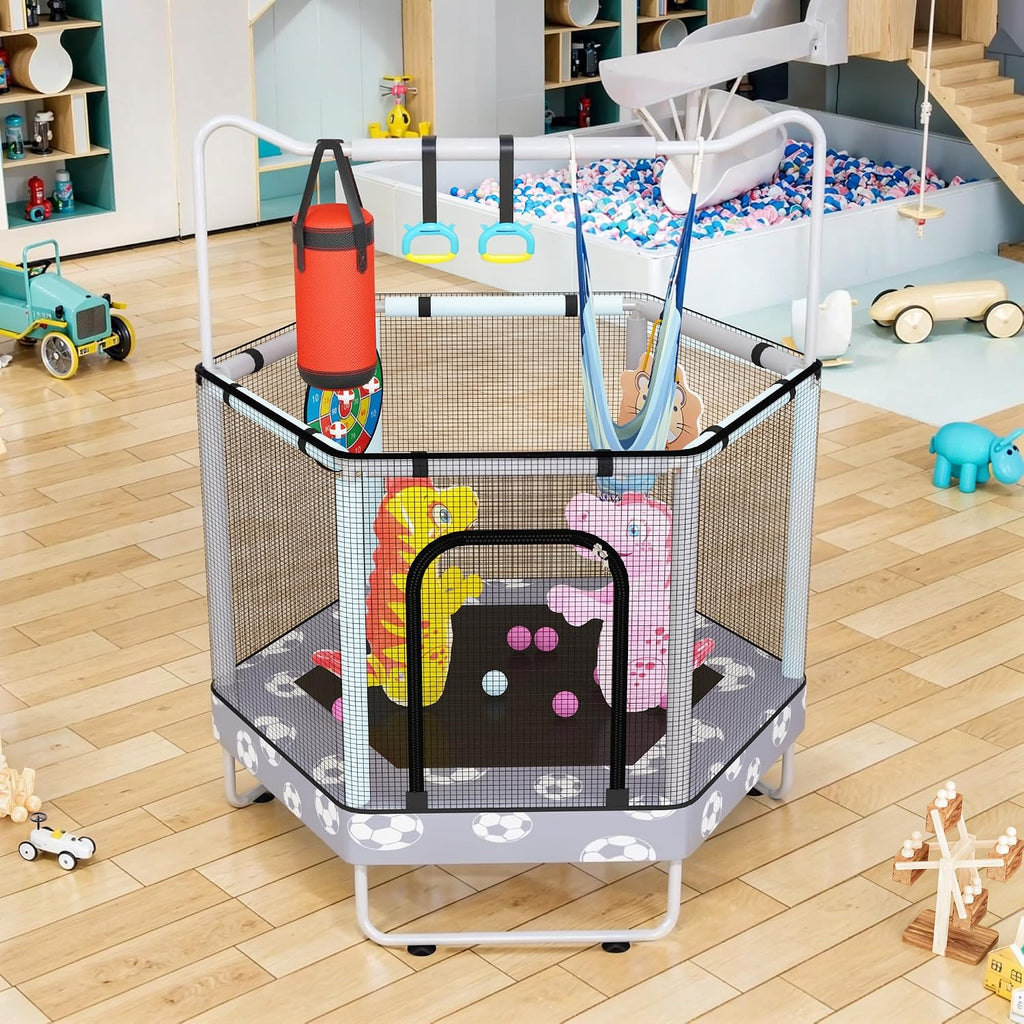 LAMERGE 55' 7-in-1 Round Trampoline for Kids Boys & Girls Ages 1-8, Indoor & Outdoor Trampoline for Fun, Adjustable Height Handrail ＆ Enclosed Safety Net ＆ Durable Designs for Toddlers Children