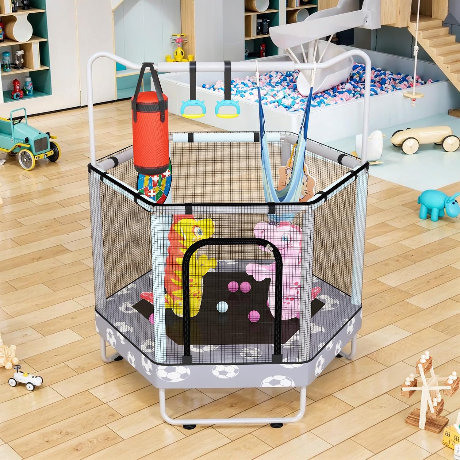 LAMERGE 55' 7-in-1 Round Trampoline for Kids Boys & Girls Ages 1-8, Indoor & Outdoor Trampoline for Fun, Adjustable Height Handrail ＆ Enclosed Safety Net ＆ Durable Designs for Toddlers Children