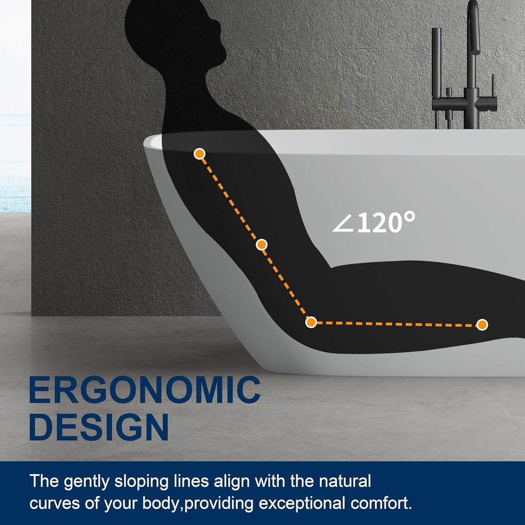 67'' Solid Surface Freestanding Bathtub, Stone Resin Free Standing Tub, Soaking Tub with Overflow and Pop-up Drain, 2 Person Bathtub, White